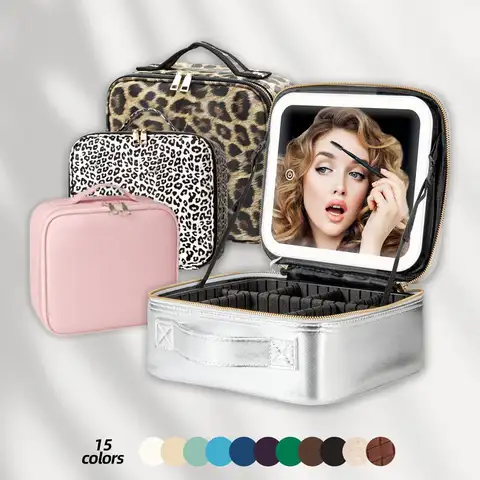 LED Lighted Makeup Bag with Mirror, 3-Color LED Lighted Makeup Case with Adjustable Dividers, Travel Bag & Bag with Mirror