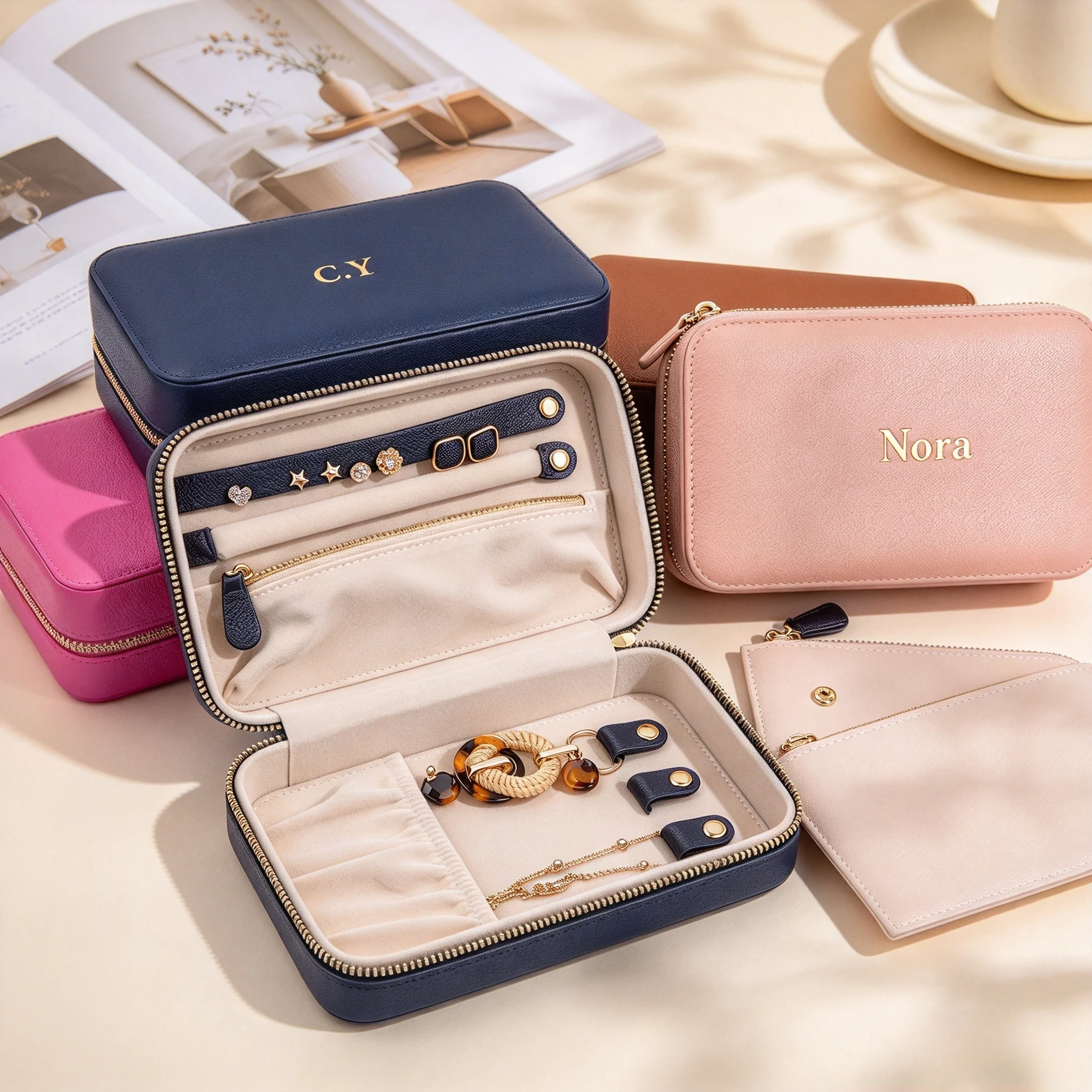 Custom Name Pebble Leather Medium Travel Jewelry Case Foil Embossed Jewelry Storage Box Jewelry Bag Stud Necklace Holder