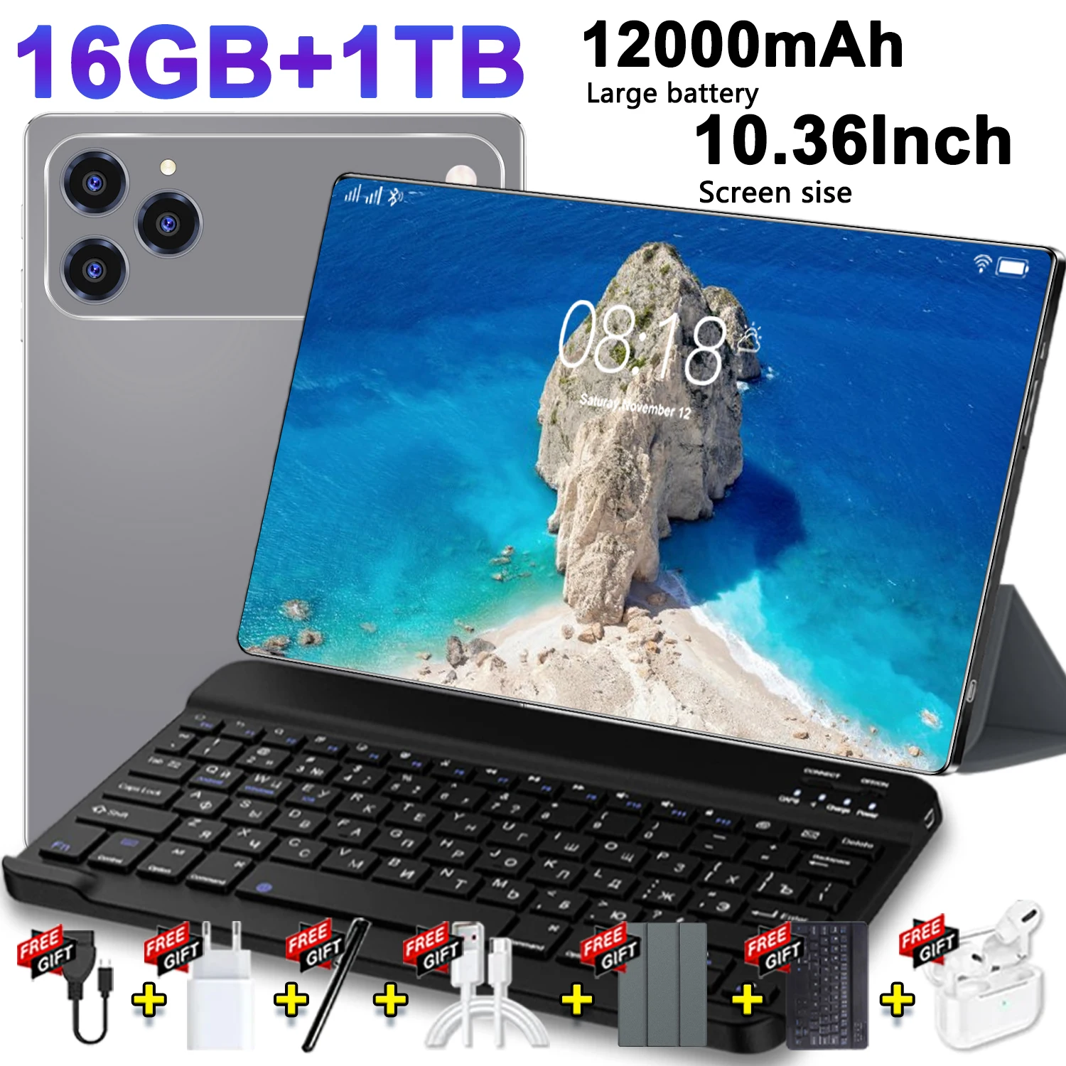 Tablette intelligente 10,36 pouces Android 13 10 cœurs 16 Go + 1 To WiFi 5G Batterie 20000 mAh Caméra avant 16 MP arrière 32 MP pour usage quotidien
