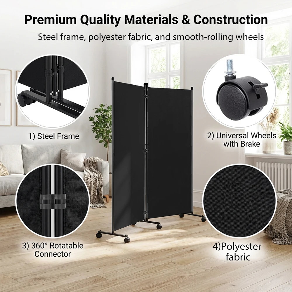 Image 3: Paravent pliable multifonctionnel, mobile avec roulettes verrouillables, supports stables, pour bureau, patio, séparateur de salon