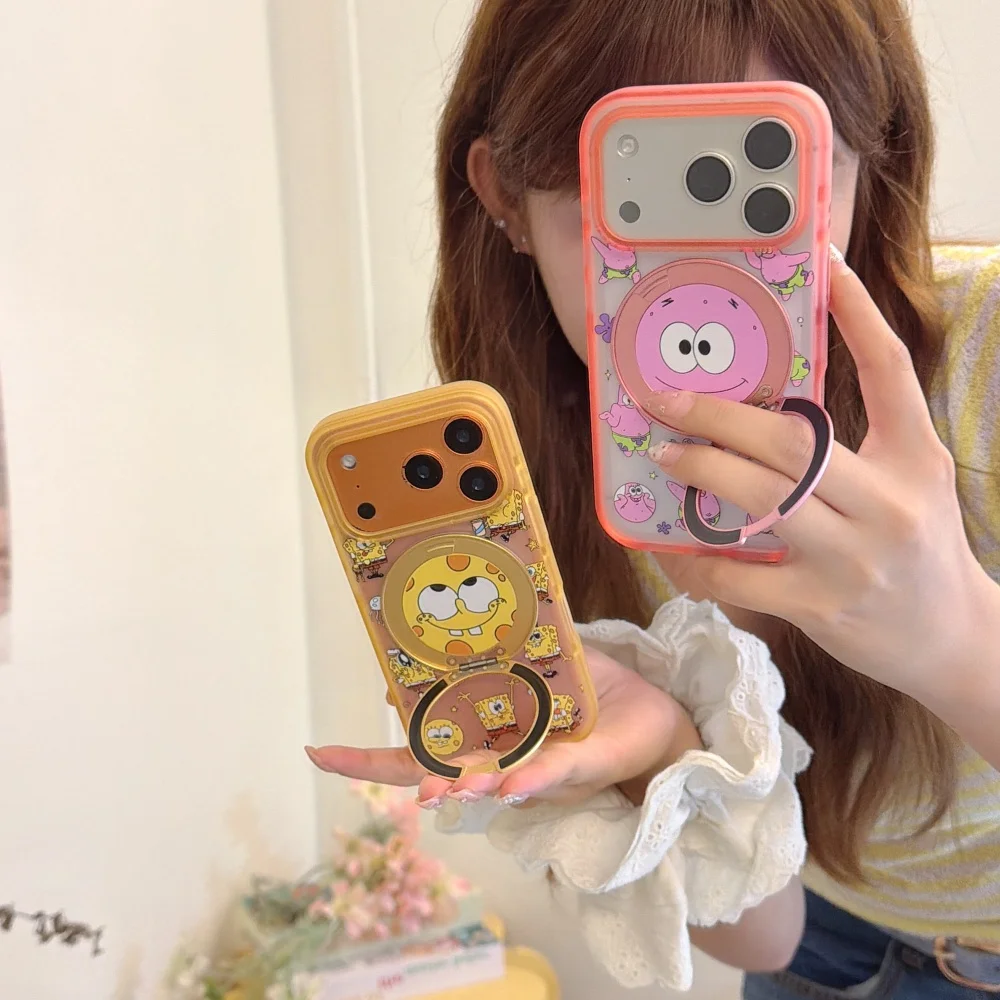Kawaii SpongeBob Cartoon Magnetic With MagSafe Rotate Stand Phone Case For iPhone 16 17 Pro Max 15 16 Pro 17 Cover Fashion Case