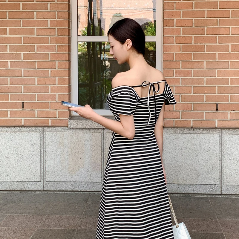 Korean Style Striped Striped Back Ribbon Sherring A-line Half-sleeve Long One-piece