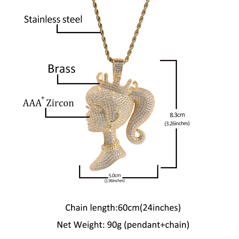 UWIN ICE QUEEN Pendant Necklaces for Women Girls Iced Out Shine Girl Head Charms Luxury Fashion Jewelry for Gift