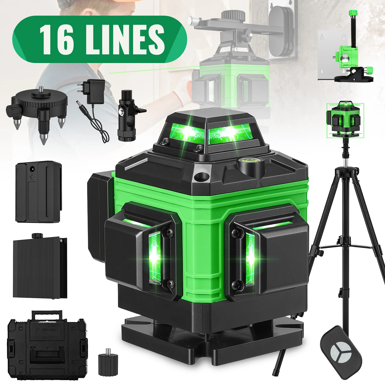 Livella Laser 4D a 16 Linee 3° Grado ° Strumento di Livellamento con Funzione Autolivellante, Adesivo per Pareti e Pavimenti Omnidirezionale con Supporto a Treppiede