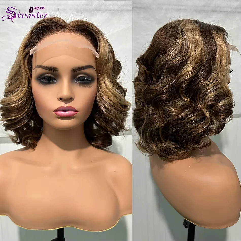 

Парик-каре Highlight P4/27 с эффектом Body Wave, короткий, из 100% натуральных волос, с фронтальной шнуровкой 13x4, омбре, плотность 250%, с эффектом Loose Wave