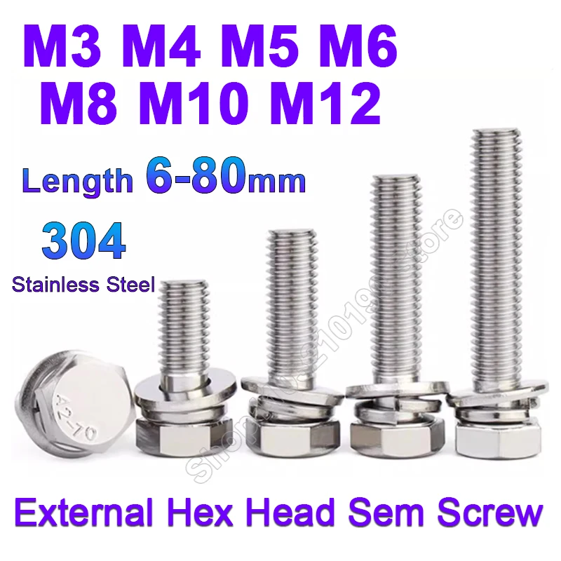 

M3 M4 M5 M6 M8 M10 M12 304 Stainless Steel External Hex Hexagon Head SEM Screw Flat Washer Spring Gasket Assemble Bolt L 10-40mm