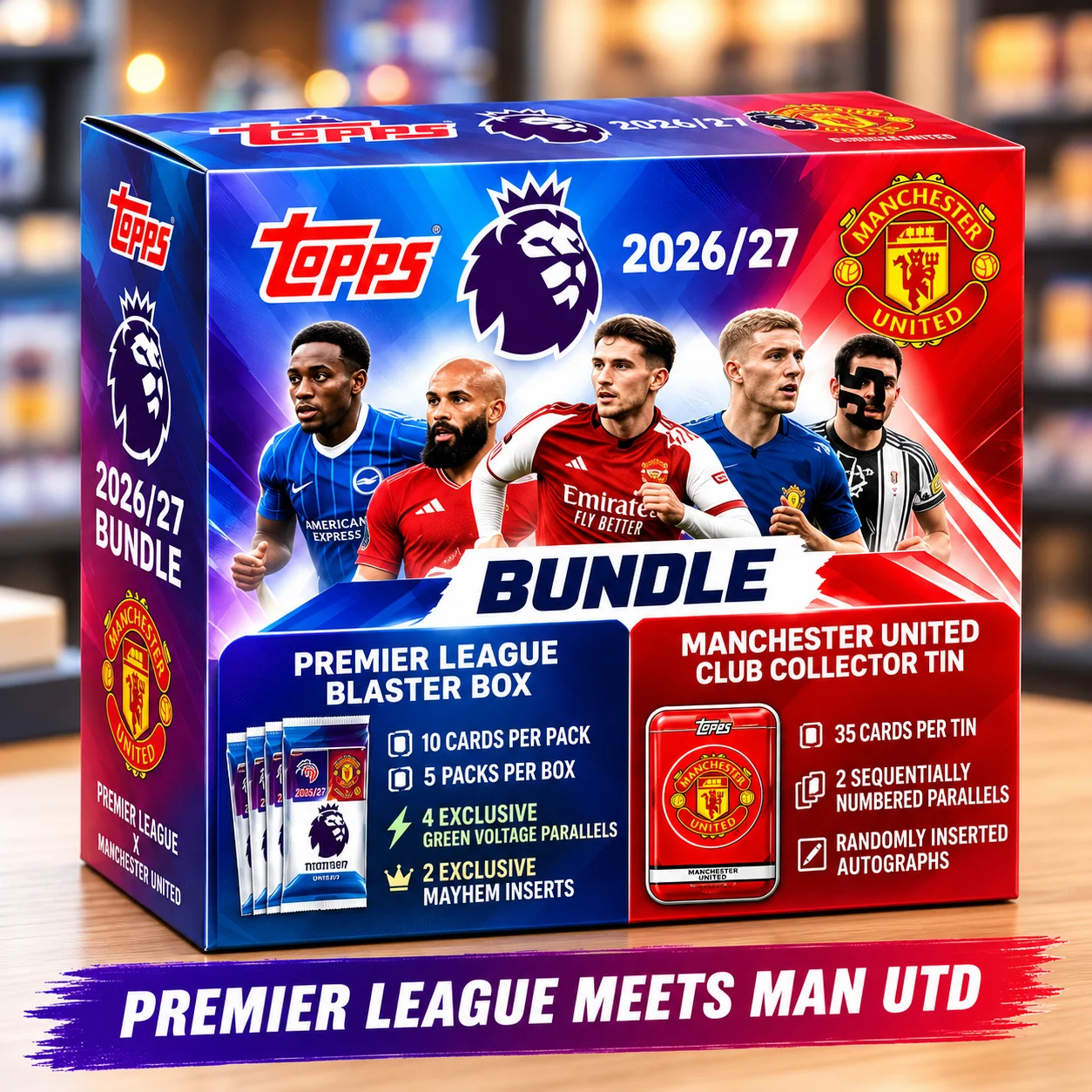 2026-27 Topps Premier League Flagship Soccer Blaster Box With Manchester United FC Club Collector Tin, 95 Total Cards Featuring 2 Numbered Parallels, Look for 6 Exclusive Green Voltage Parallels And Mayhem Inserts