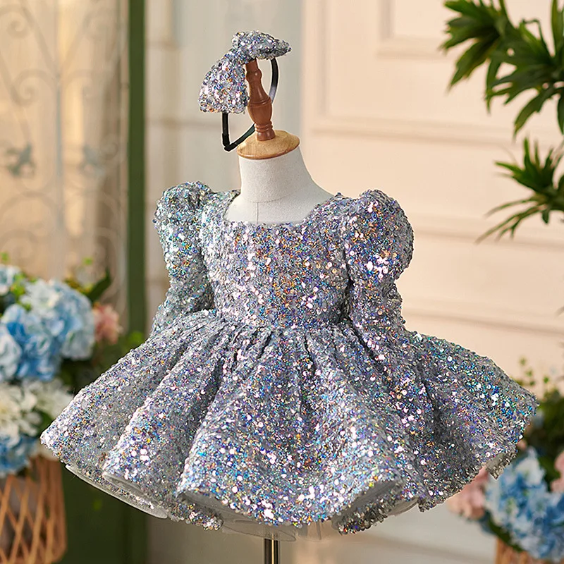 Girls sequined long-sleeved princess dress 1-12 years old baby fashion mesh dress carnival birthday party wedding evening dress