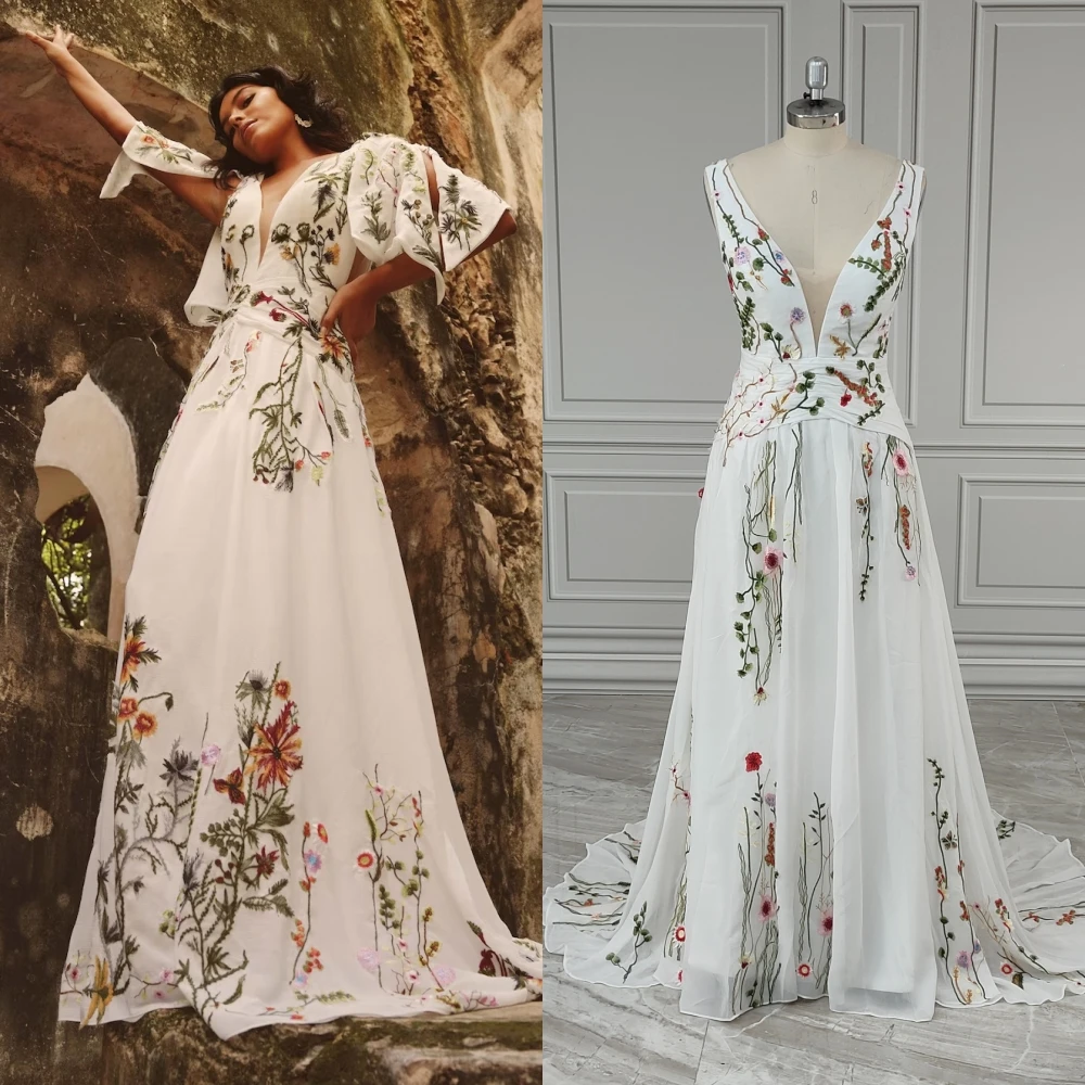 

10735# Real Photos Boho V-neck Embroidered Flower Lace Wedding Dress Low Back Sweep Train Bride Gown For Women Vestido De Novia