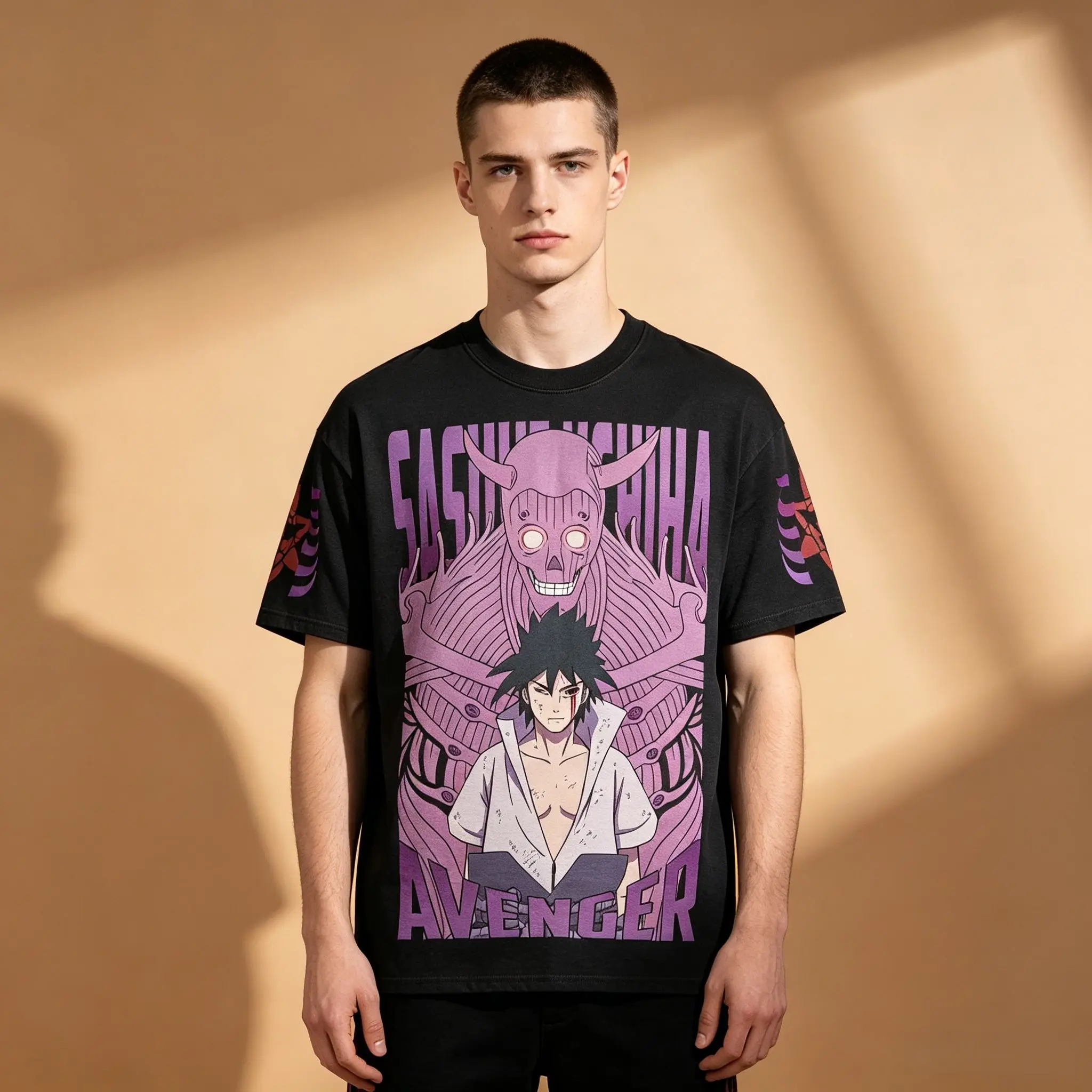 Herren Naruto Sasuke Uchiha Susanoo Avenger Lila Vintage Grafik T-Shirt, Anime Otaku Streetwear Kurzarm Casual Tee