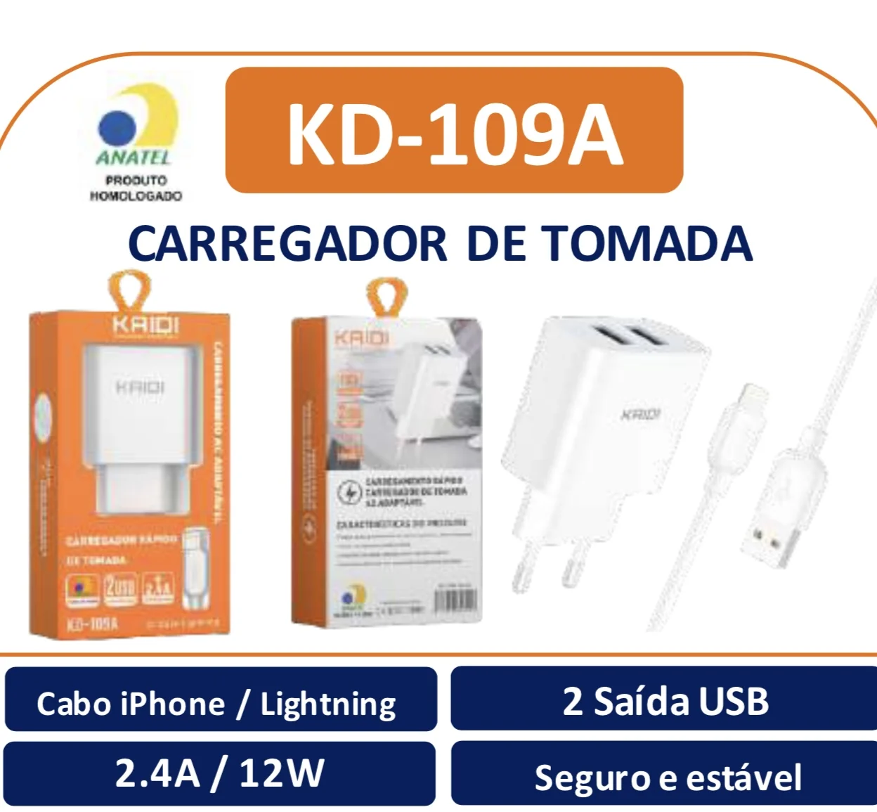 Carregador  2.4A/12W, com cabo  IPHONE Lightning /V8 /Tipo-C Kaidi 2 Entradas USB