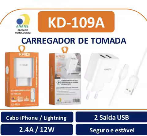 Carregador 2.4A/12W, com cabo IPHONE Lightning /V8 /Tipo-C Kaidi 2 Entradas USB