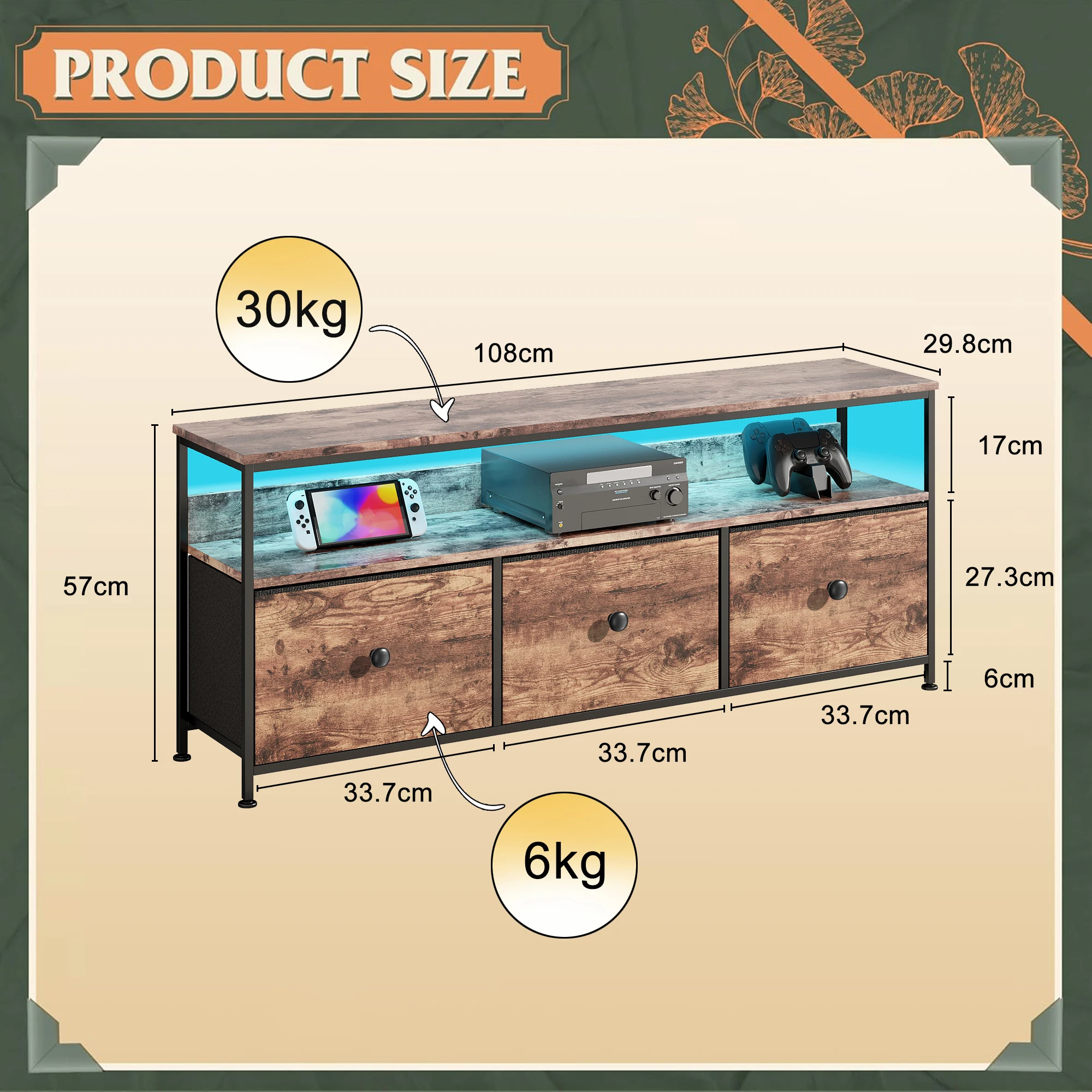 حامل تلفزيون Anajqaqia مقاس 108 × 30 × 57 سم، وخزانة طعام مع إضاءة LED و3 أدراج قابلة للطي، لغرفة المعيشة وغرفة الطعام وغرفة النوم