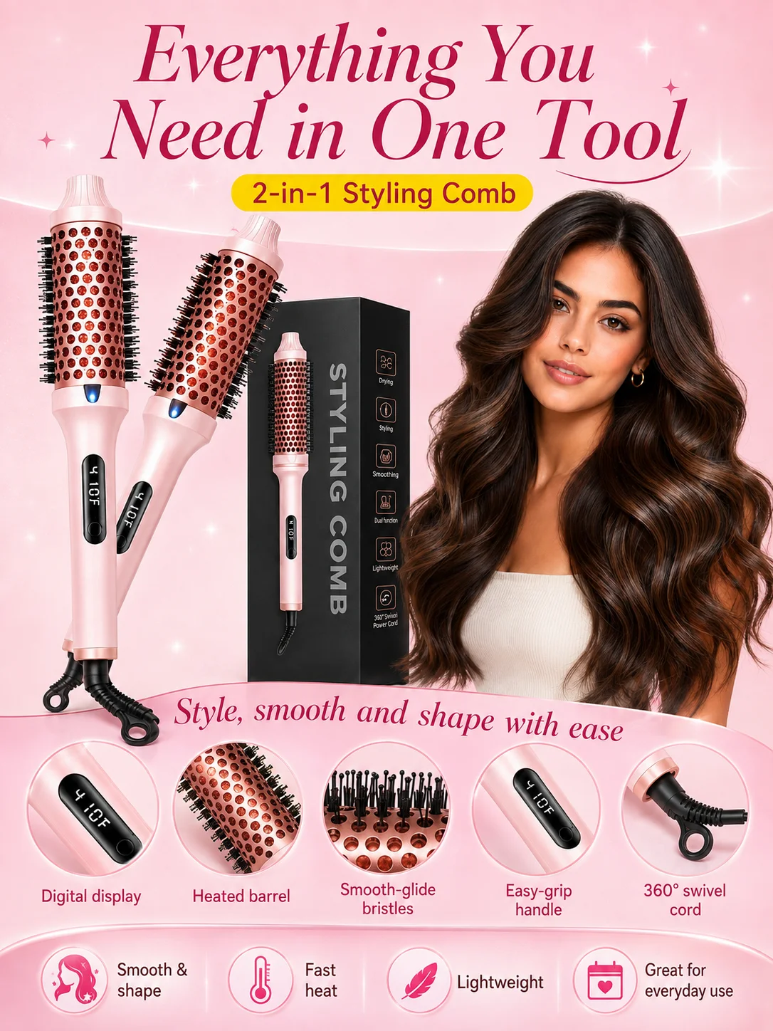 Thermal Brush 1.5 in Heated Curling Brush Ceramic Curling Comb Volumizing Brush Curling Iron Travel Curling Iron with Brush
