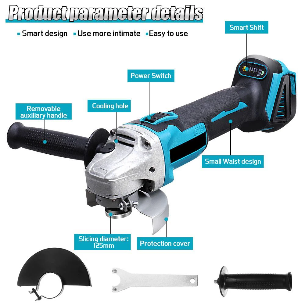 Image 8: Meuleuse d'angle sans fil 125 mm, 4 vitesses, pour le travail du bois, compatible avec batterie Makita 18V
