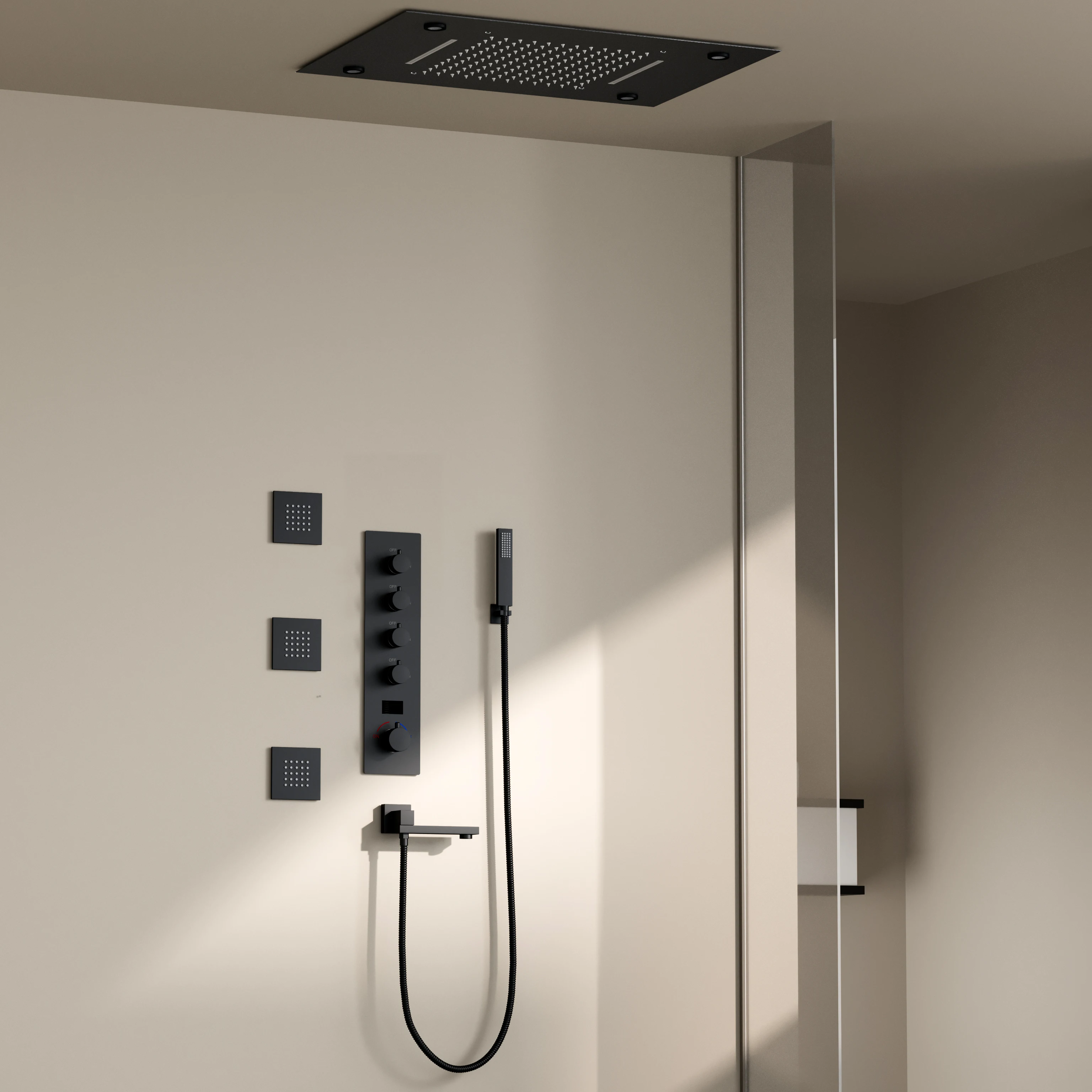 Modern Temperature Display Rainfall Showerhead LED Ceiling Mounted Bath Shower Faucet System Cold and hot Bathroom Shower Set