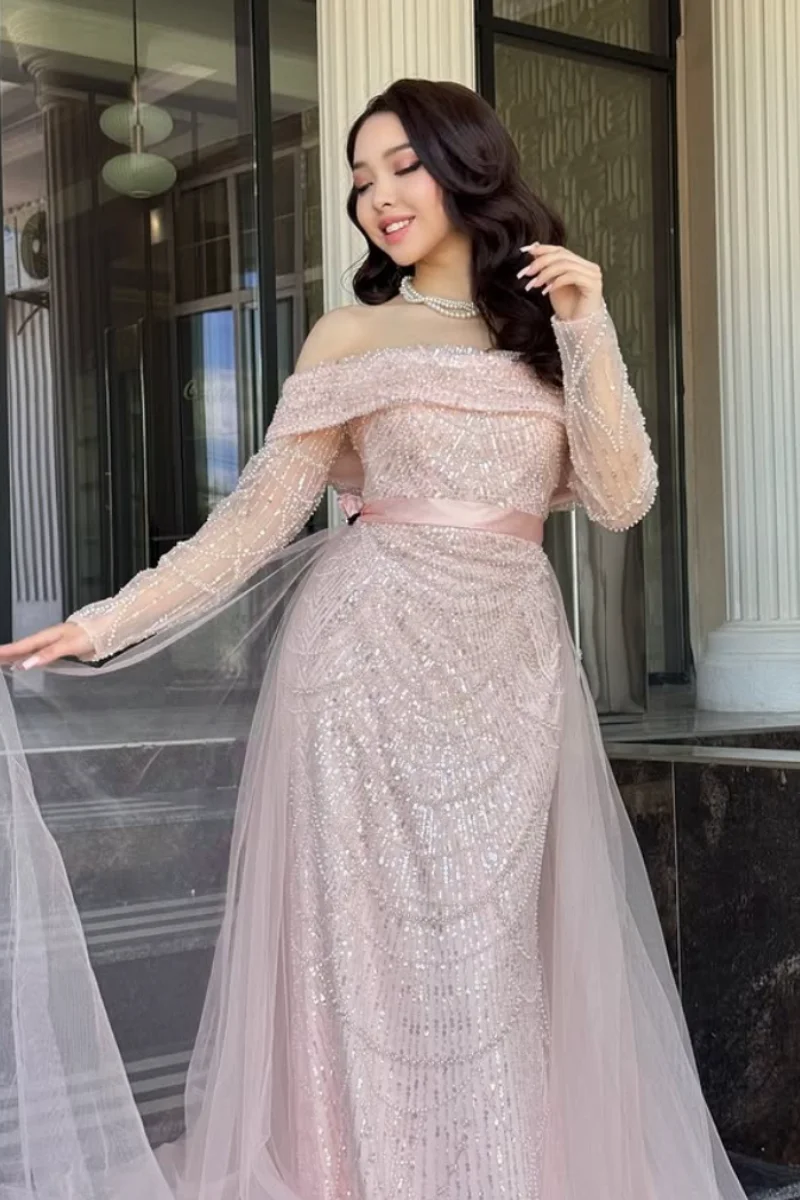 Jessica-vestidos de noche de manga larga con cuentas de tul, vestidos de fiesta de lujo de color rosa, vestidos de fiesta de boda de sirena personalizados