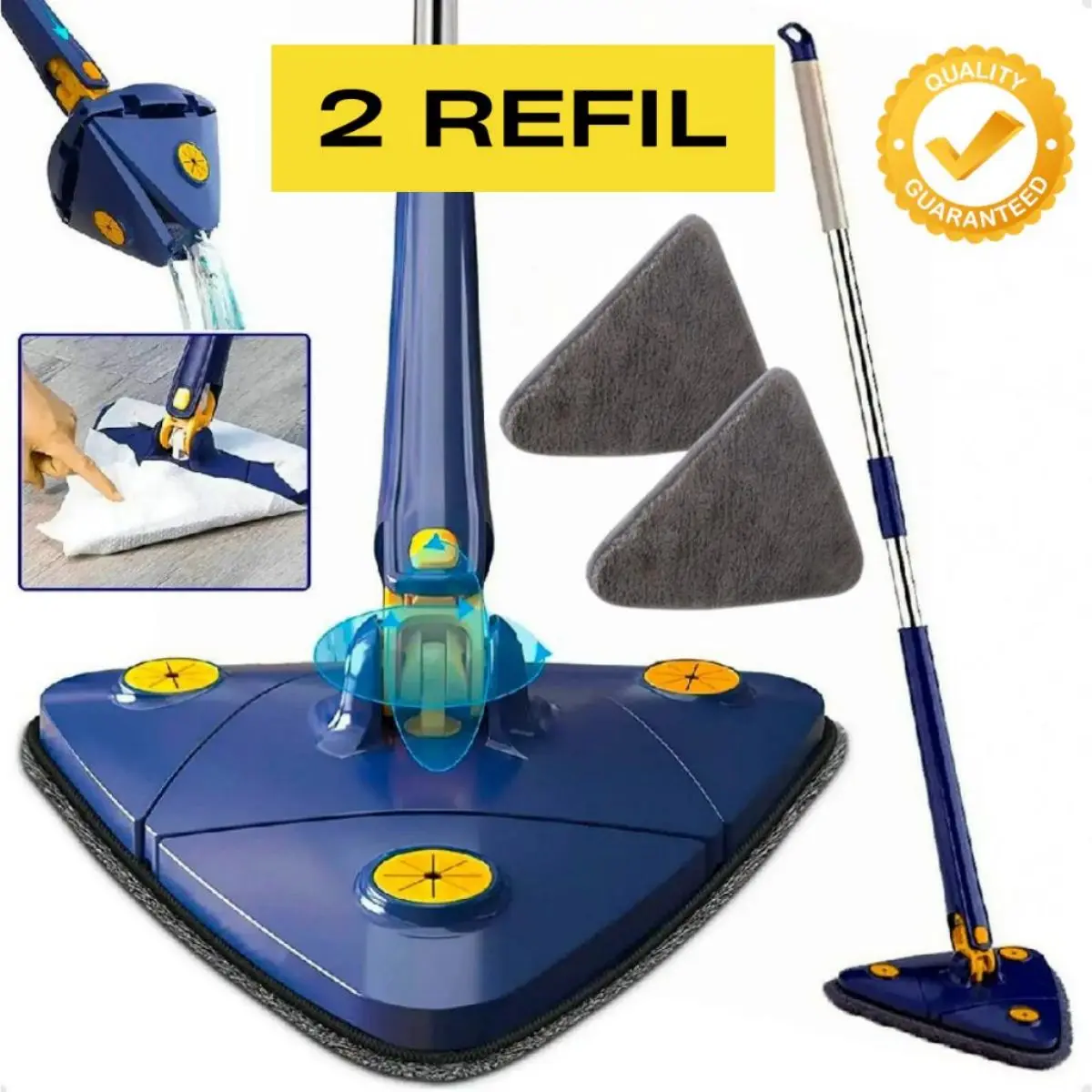 Mop Swivel Cleaning Triangular Mop Bathroom Floor Window Adjustable Ceiling 360 ° with 2 Refill