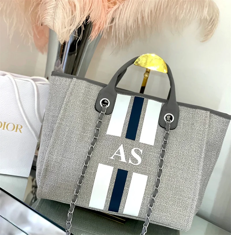 Monogram Tote Bag Canvas Customised Grey Chain Handbag Personalised Navy White Stripe Initials Beach Holiday Shoulder Tote Bag