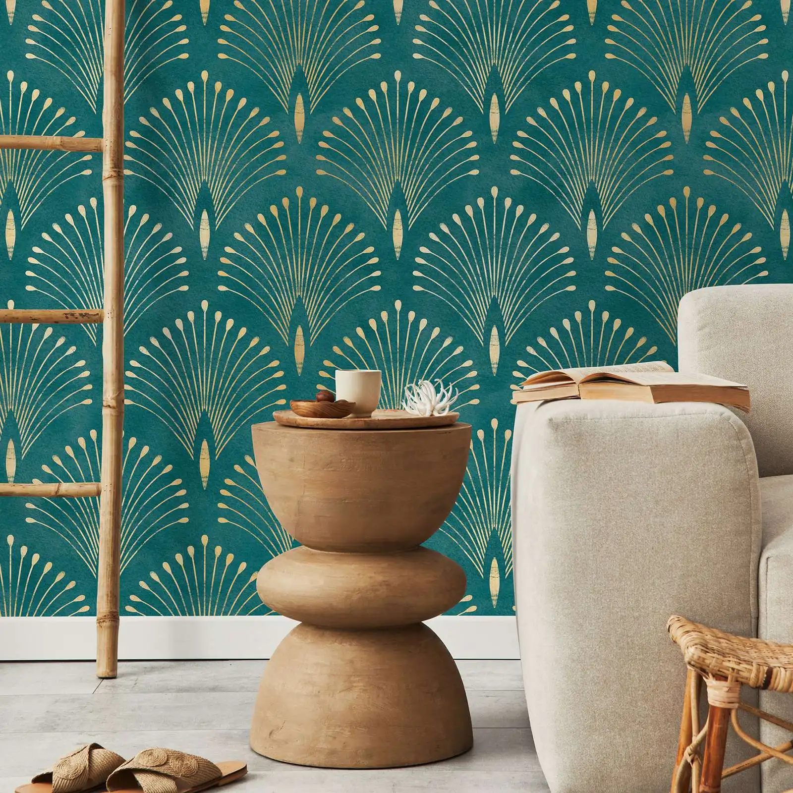 Gold and Teal Art Deco Palms Wallpaper Peel and Stick and Traditional Wallpaper Simulate-Metallic Wallpaper