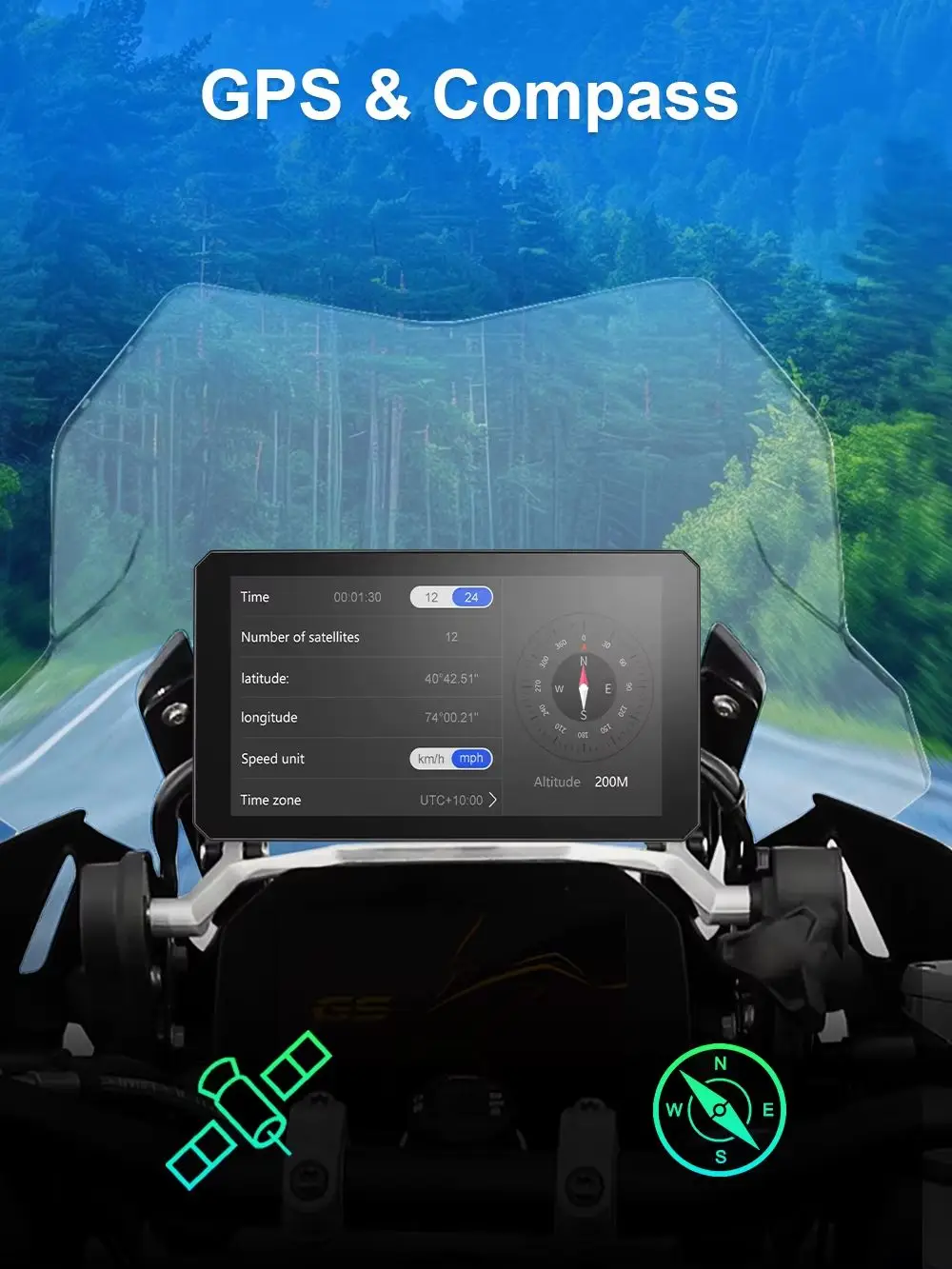 7 Zoll Motorrad Navi Wireless CarPlay Kabelloses Android Auto, Wasserdicht IP67 Tragbarer Motorrad Bildschirm, Bluetooth GPS Navigation IPS Touchscreen für Motorrad