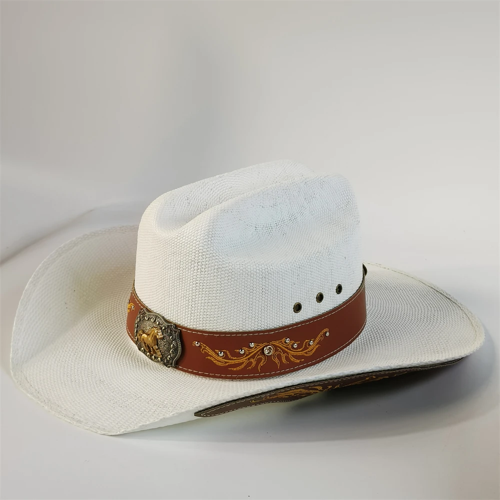 Sombrero de Paja Estilo Vaquero Occidental para Mujer, Color Blanco, con Banda Negra, Transpirable, Tipo Fedora, para Playa, Vacaciones, Aire Libre
