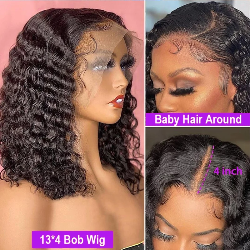 Deep Wave 4x4 Lace Wig 100% Human Virgin Hair Short Bob Wigs 13x4 Transparent Lace Frontal Wig Pre Plucked Brazilian Hair Wigs