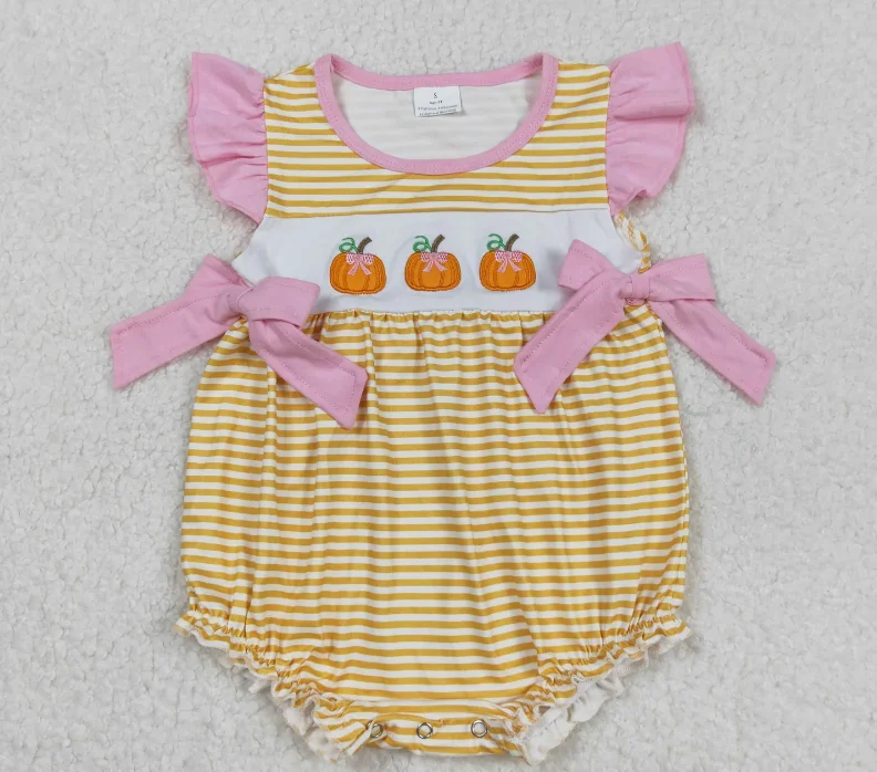 

SR3125 Flutter Baby Girl Ruffle Onesies Pumpkin Embroidery Stripes Print Bubble Romper Baby Girls Fall Romper