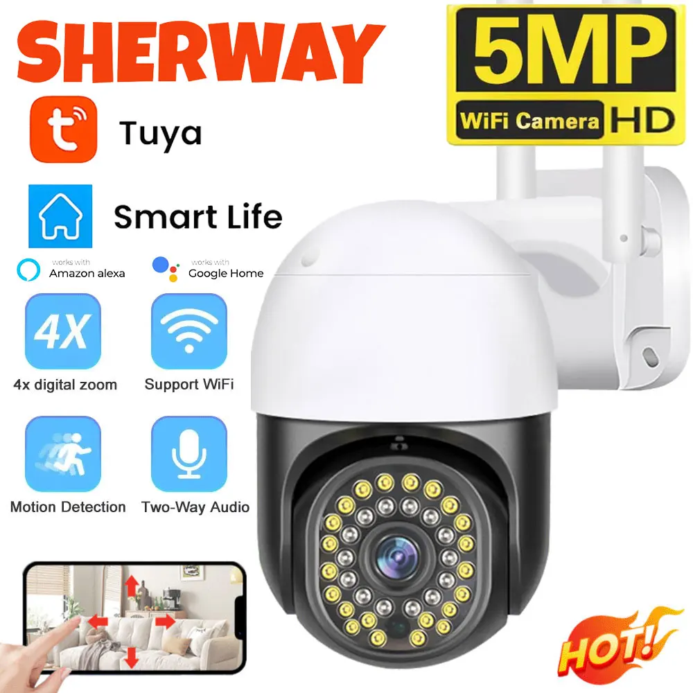Outdoor Tuya Smart Wifi Camera  5MP HD 4X Zoom PTZ Security  Camera Color Night Vision Video Surveillance Indoor Wireless IP Cam