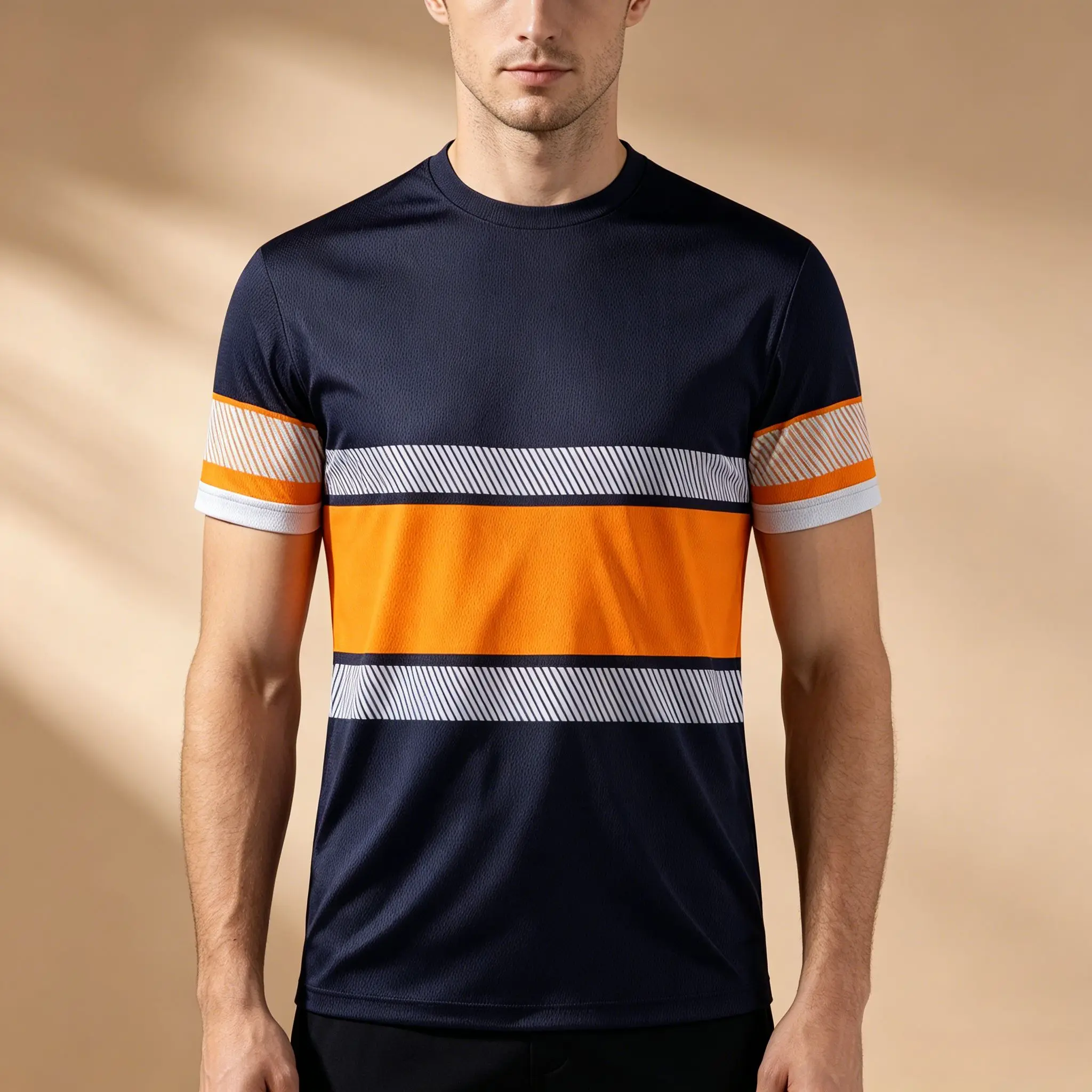 Herren-Sport-T-Shirt mit Farbblockstreifen in Marineblau und Orange, atmungsaktives, schnell trocknendes Kurzarm-Jersey aus Mesh
