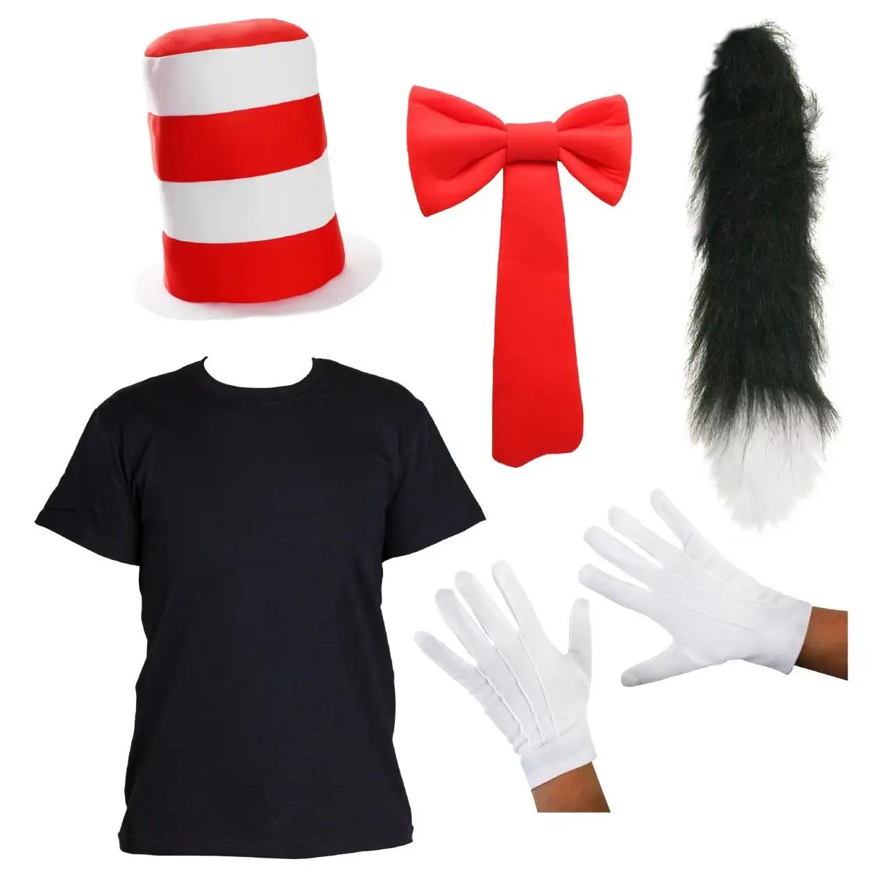 Adults Crazy Cat with a Hat Costume - Red Striped Hat, Bow Tie, Shirt, Gloves & Thick Cat Tail - Book Week & World Book Day