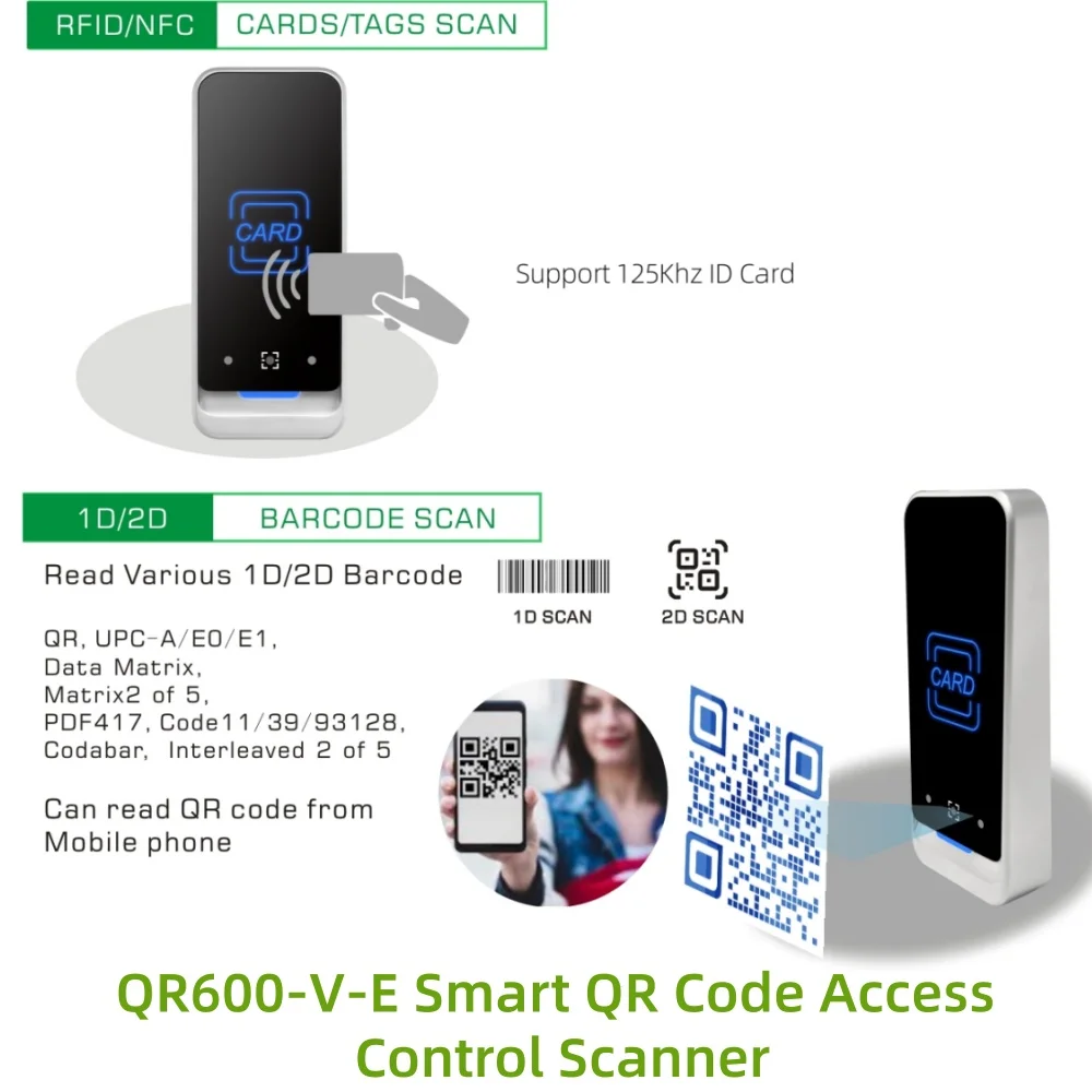 

QR600-V-E Smart QR Code Access Control Scanner, IP65 Waterproof RFID ID Reader, Wiegand RS485 Interface for Security Management