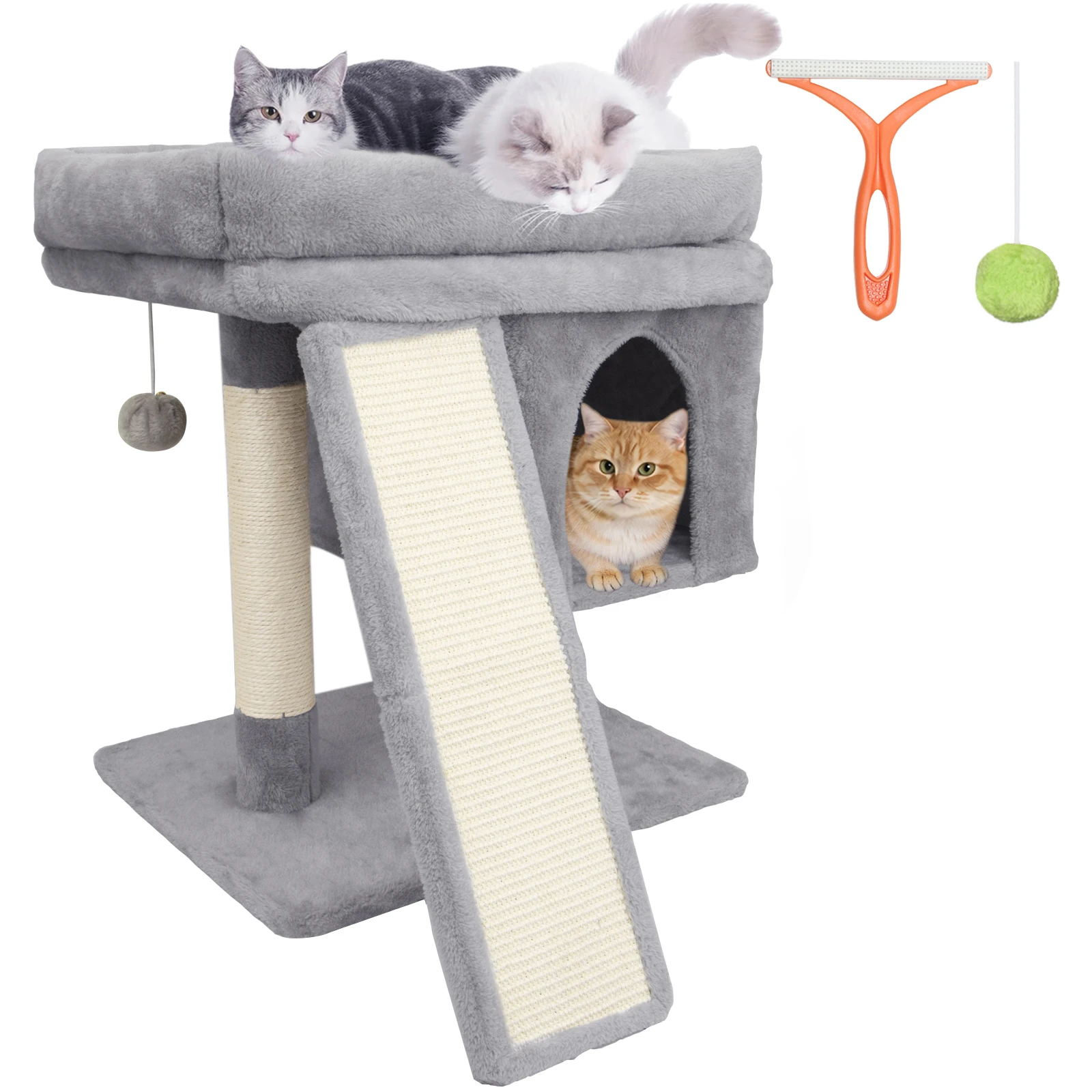 LEEJARD Kratzbaum klein für große Katzen XXL - 60cm hoch, Katzenbaum mit extra großer Plattform (40x50cm) & Kratzrampe, Stabiler Katzenturm für Senioren. Katzenbürste & Spielball