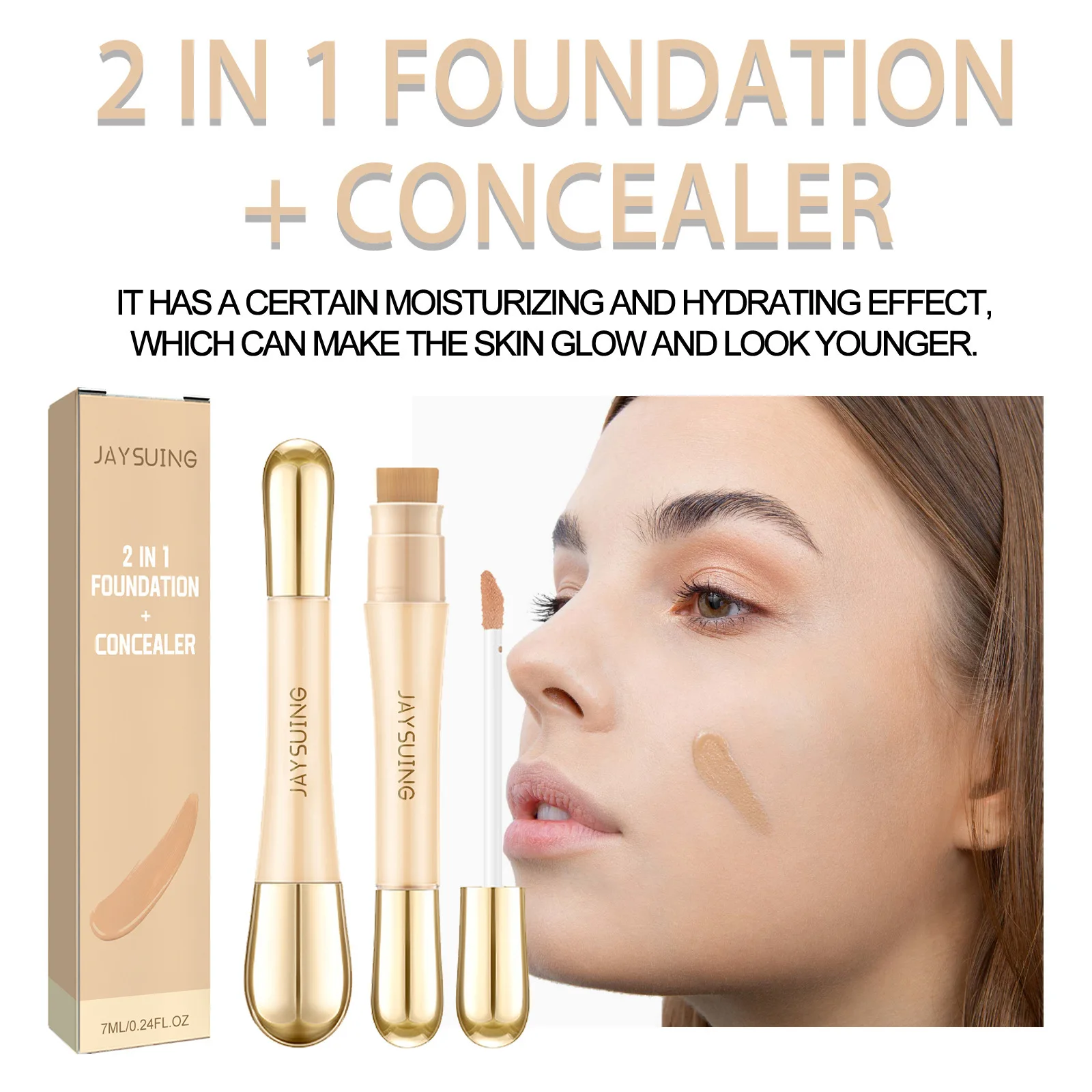 Jaysuing 7ml 2in1 Concealer Foundation Makeup Pen Dark Circle Cover Blemish Long-Lasting Concealing Face Brightening Contouring