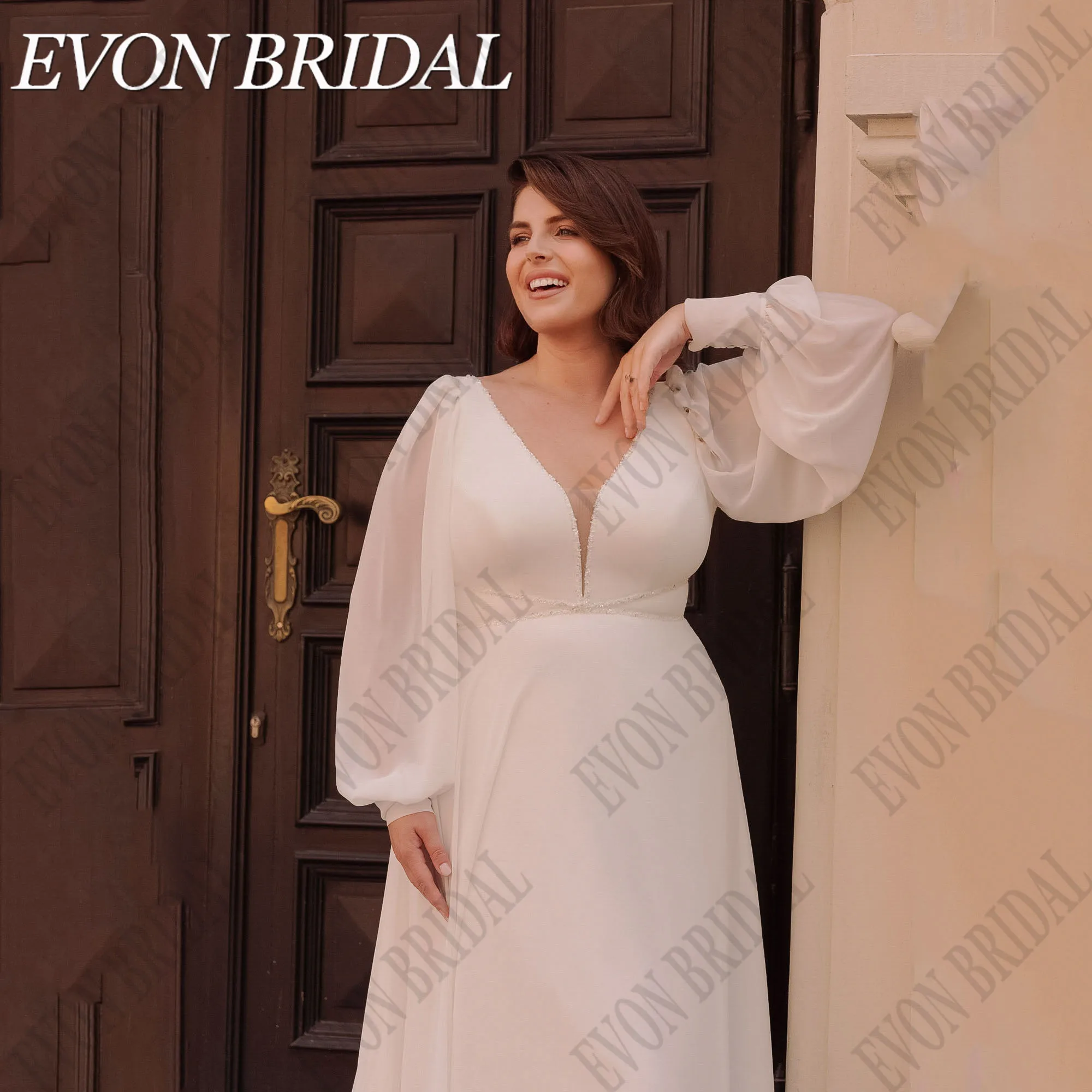 EVON BRIDAL 시빌 백리스 웨딩 가운, 플러스 사이즈 여성 브이넥 퍼프 슬리브, A 라인 신부 파티, 원피스 쉬폰 로브 드 마리EVON BRIDAL Civil 오프숄더 웨딩 드레스 플러스 사이즈 여성 V넥 퍼프 소매 A라인 신부 파티 드레스 시폰 로브 De Mariée