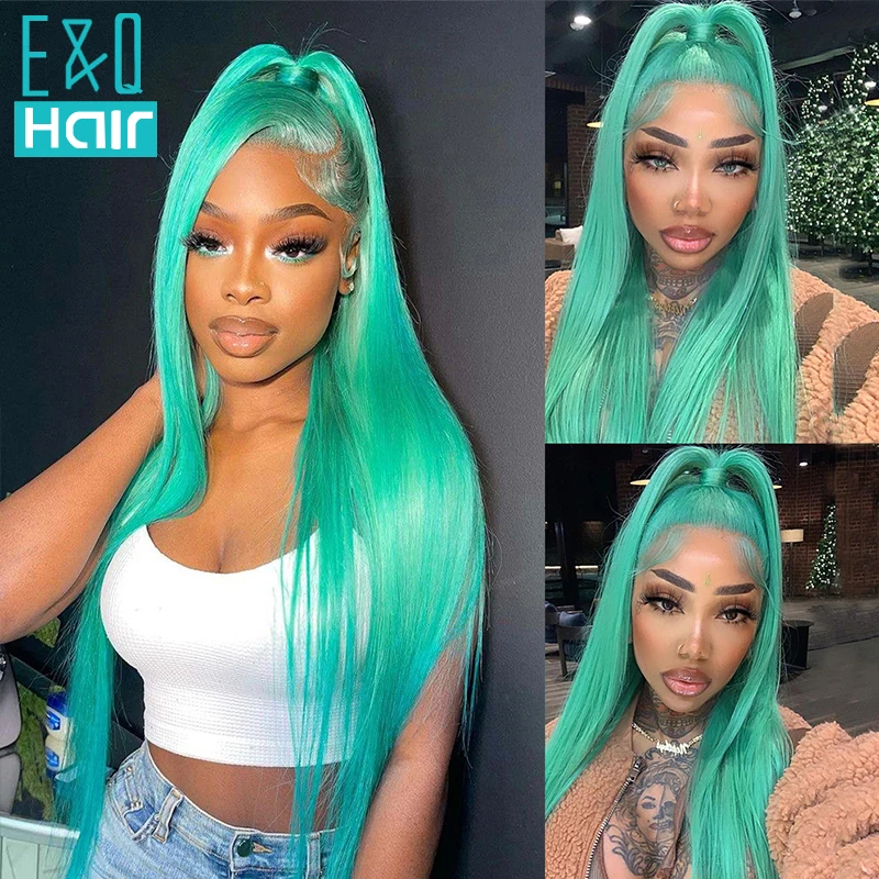 

Straight Mint Green Colored Brazilian Remy on Sale For Women Transparent 13X4 Lace Front Wig Pre Plucked Natural Hairline