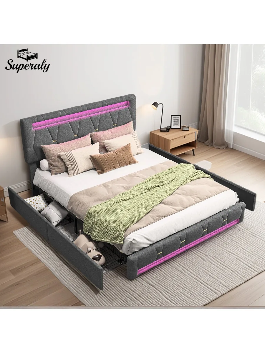Comanlai, 160 × 200 cm, Kingsize-Bett für das Hauptschlafzimmer, Bett für Erwachsene, gepolstertes Doppelbett mit Stauraum, höhenverstellbarer Bettrahmen mit hoher Rückenlehne und Schubladen mit 4