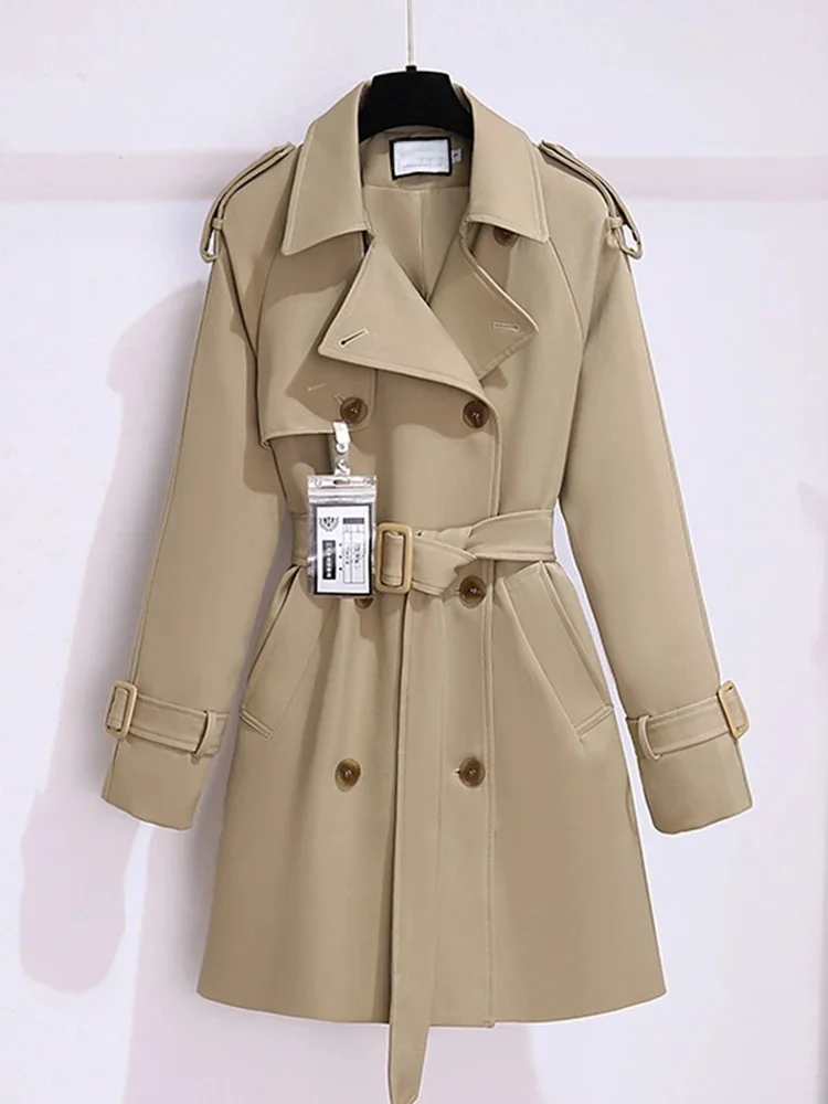 Damska wiatrówka w stylu brytyjskim Streetwear dwurzędowe trencze eleganckie jesienne zimowe khaki lub czarne kurtki — zdjęcie 2