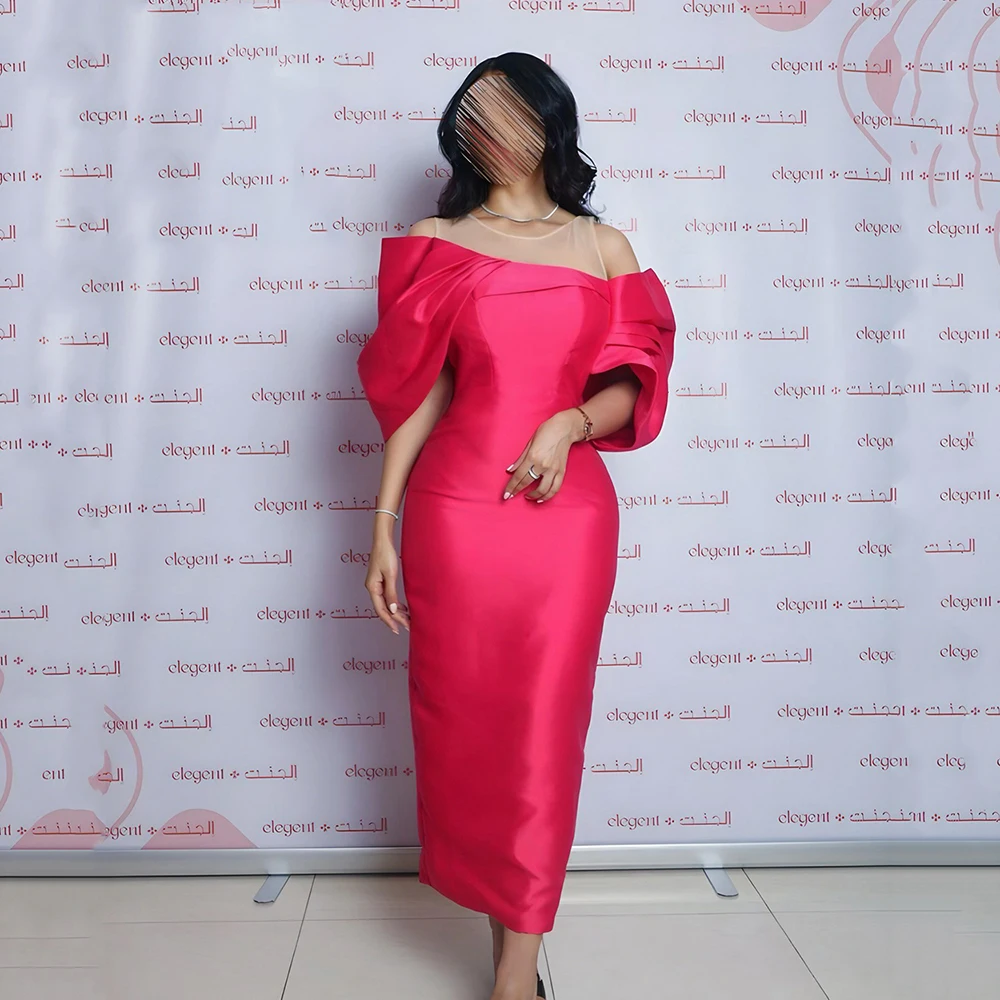 Msikoods Hot Pink Party Dresses Woman Off Shoulder Mermaid Formal Gown Bowknot Skin Tulle O Neck Arabic Evening Dress Customized