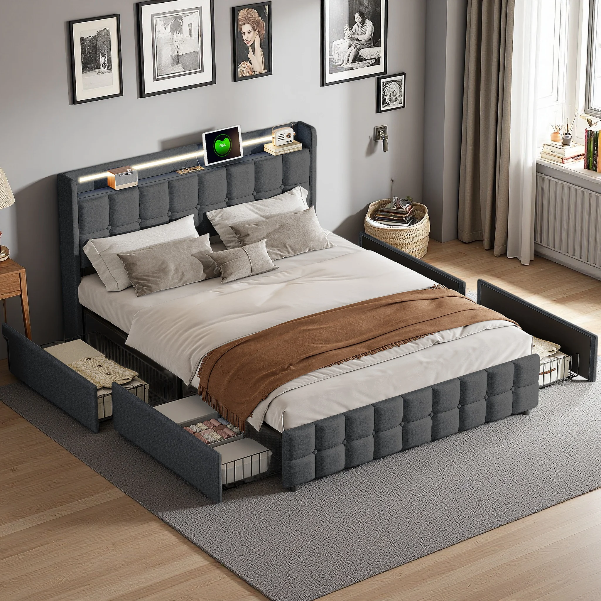 Anajqaqia, 160×200 cm Double Bed, Storage Bed, Master Bedroom Bed, Floor-Standing Bed, Bed With Storage, Upholstered Bed With 4 Metal Drawers, Linen, Gray/Beige, Mattress Not Included