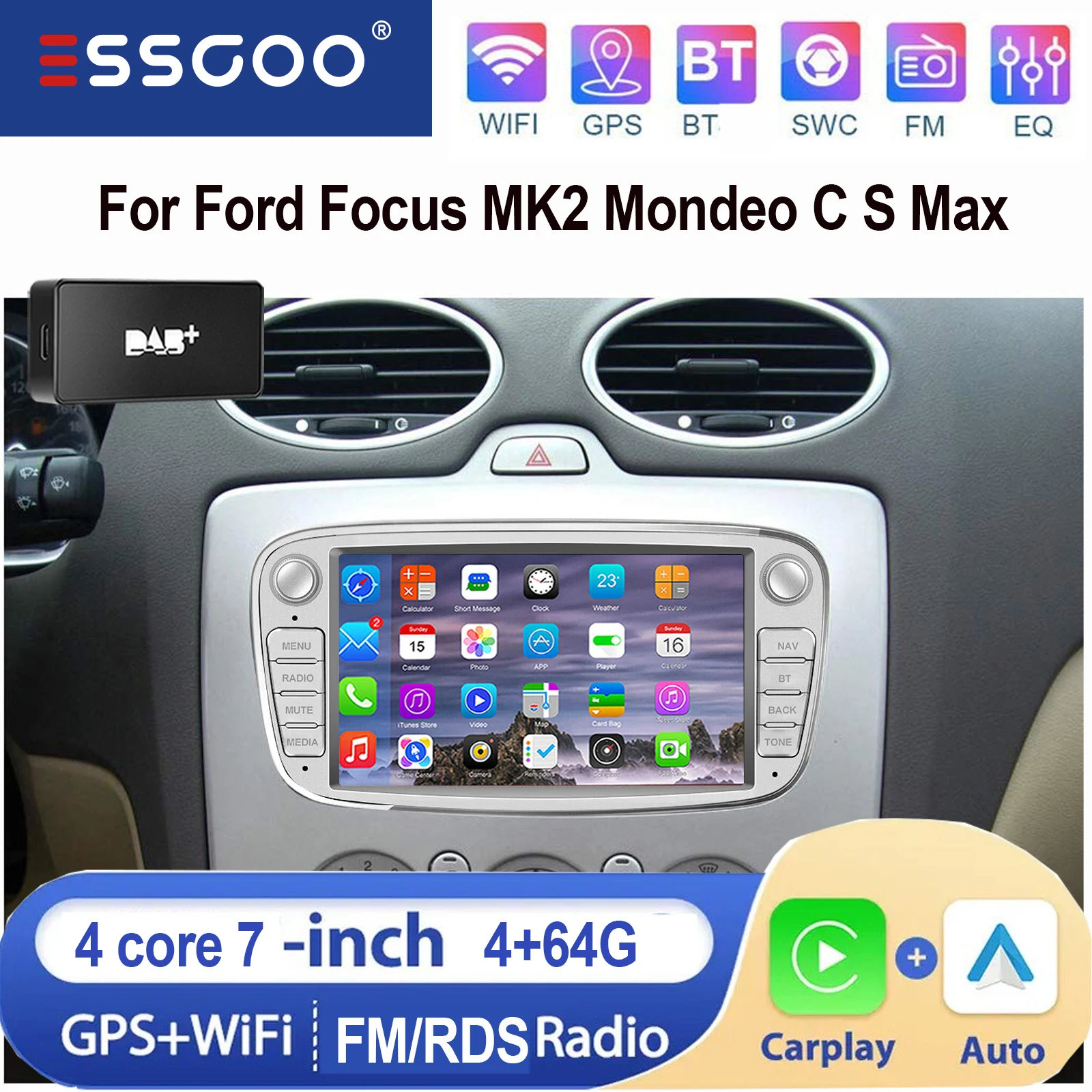 ESSGOO AI-bediening Android 15 7 inch IPS touchscreen display Draadloos Carplay Android auto Voor Ford Focus MK2 Mondeo C S Max Autoradio GPS-navigatie WiFi SWC Bluetooth USB Mirror link ASP Geluid