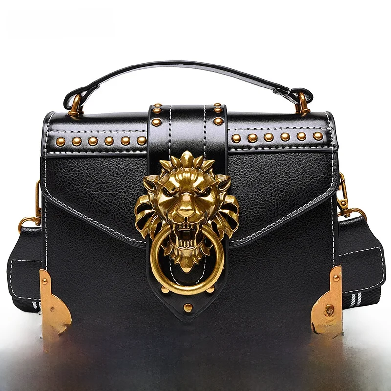 Retro kobieta moda luksusowe dziewczyny torebki Crossbody torby kobieta metalowa głowa lwa marka torebka na ramię Mini kwadratowa torba — zdjęcie 2