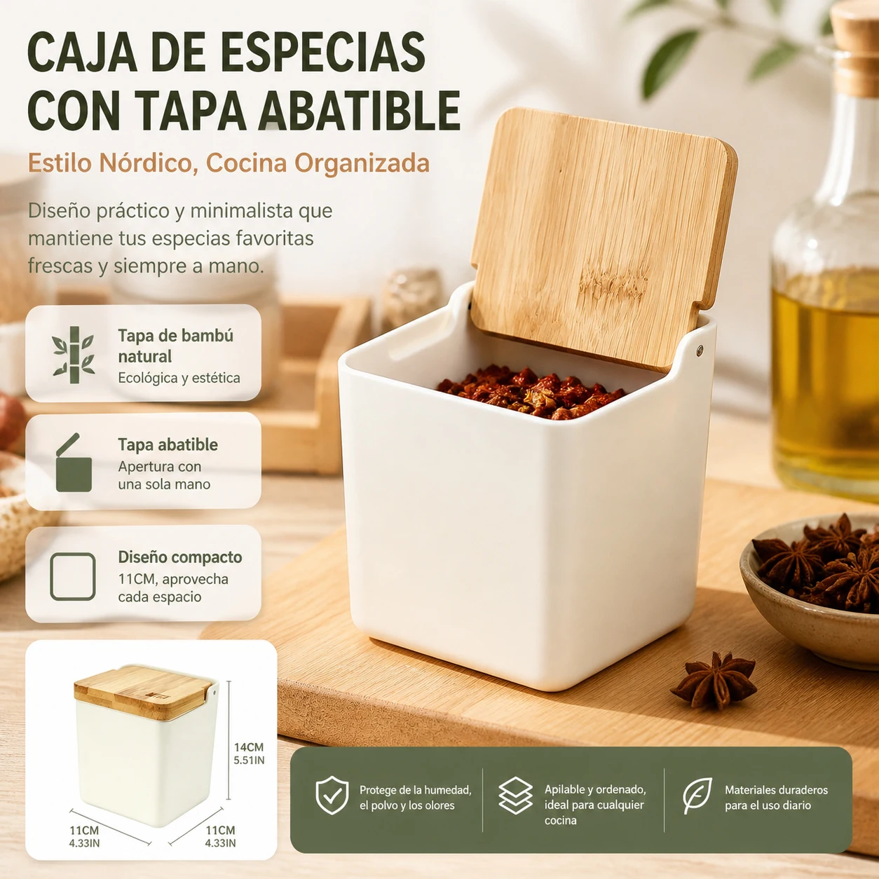 Boîte à condiments avec couvercle pliable, récipient de rangement en bambou, cuisine, blanc, noir, hermétique, anti-humidité, empilable, organisateur d'épices, sel, sucre, pratique