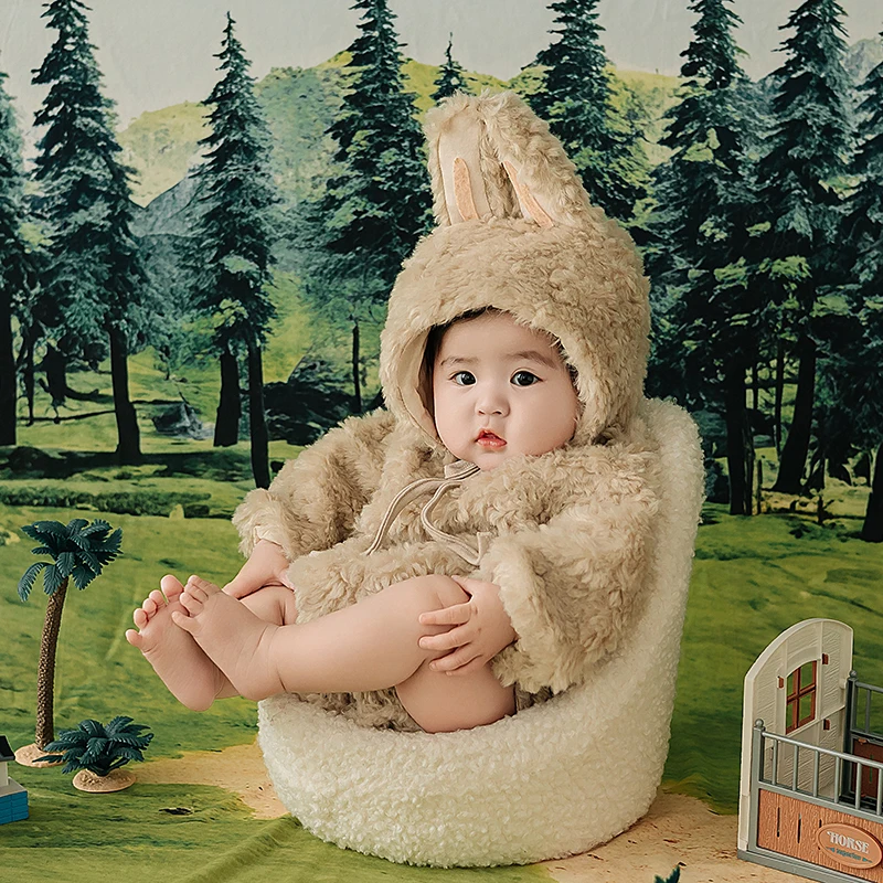 1 Year Baby Photography Clothing Plush Hat Bodysuit Cute Bunny Costume Baby Birthday 100 Days Shooting Props Forest Farm Theme