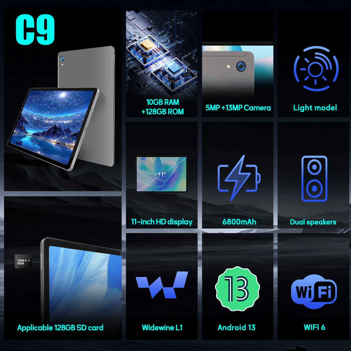C9 + 11 pollici Tablet HD Display Android 14 processore Octa-Core 12GB RAM + 128GB ROM(1TB TF) 5MP + 13MP batteria 6800mAh con schermo diviso
