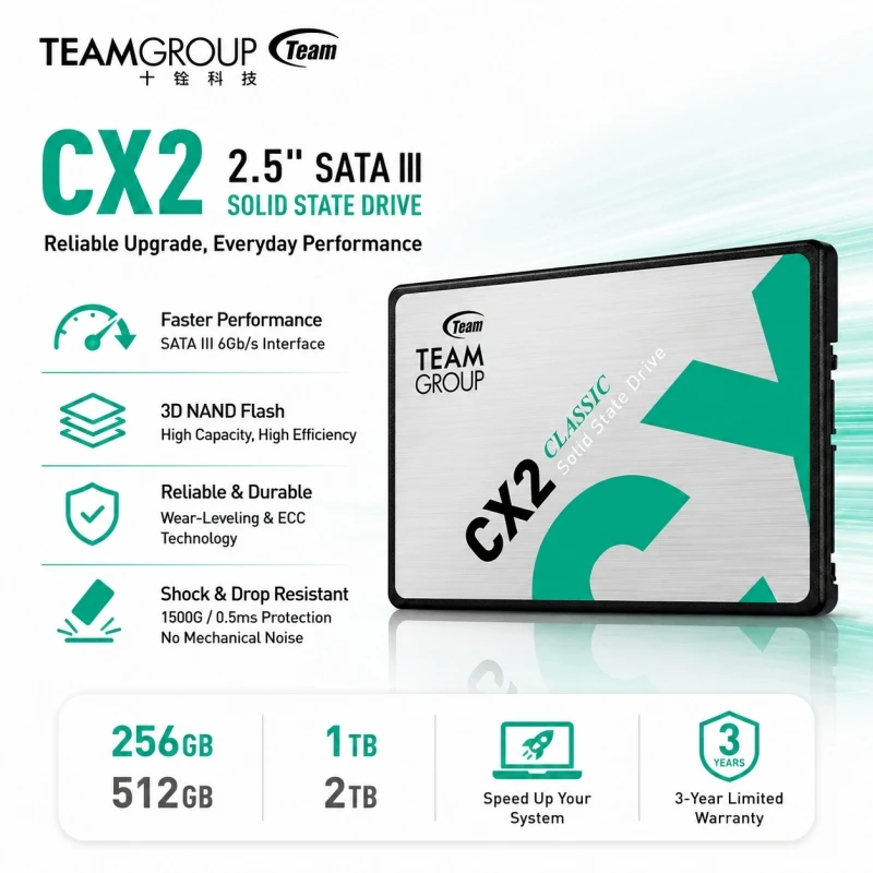 TeamGroup SSD CX2 256GB 512GB 1TB 2TB 2.5inch SATA III 3D NAND