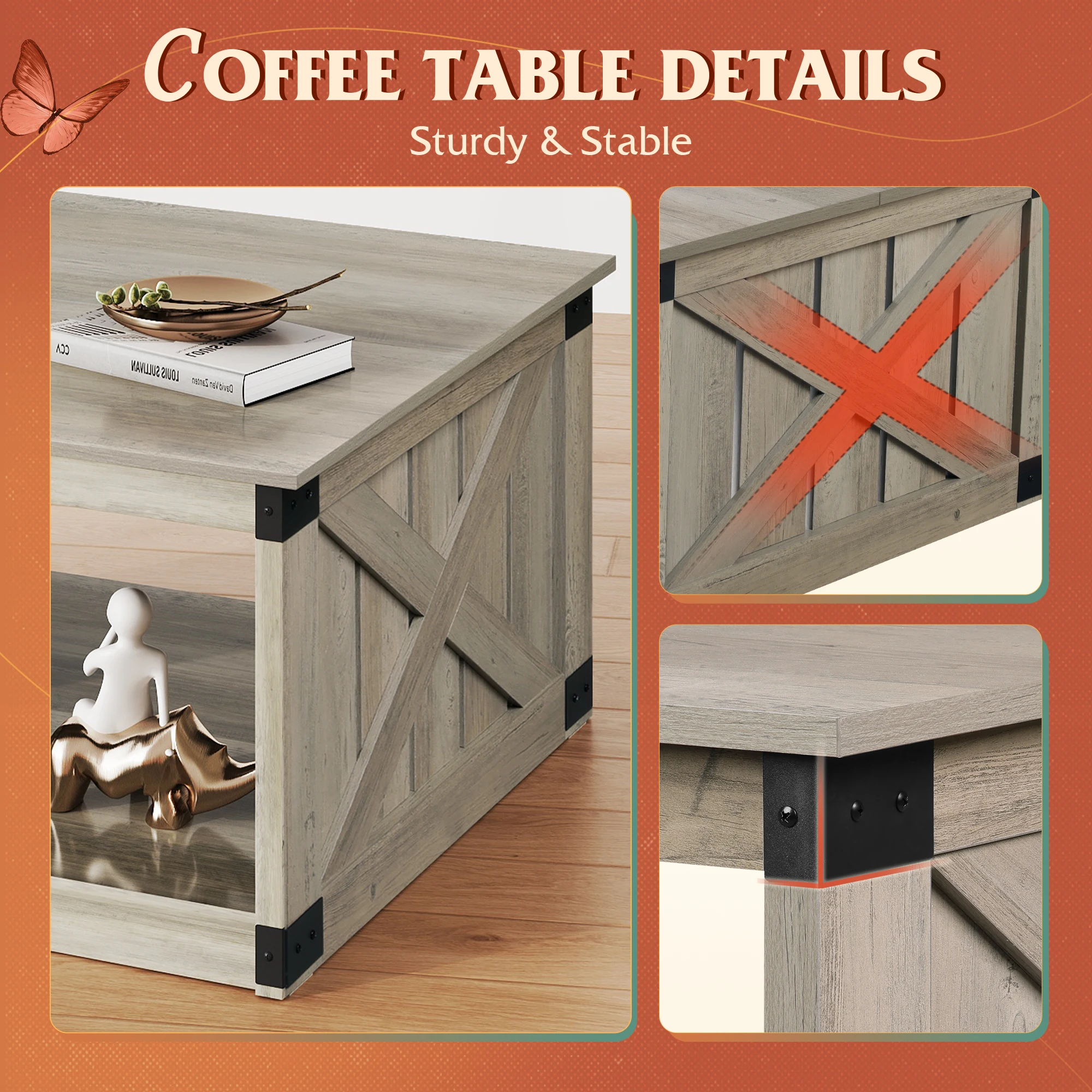 Coffee Table, Farmhouse Coffee Table with Open Storage, 31.5" Wood Square Living Room Tables, Rustic Dining Cocktail Center Table for Living Room, Greige image 3
