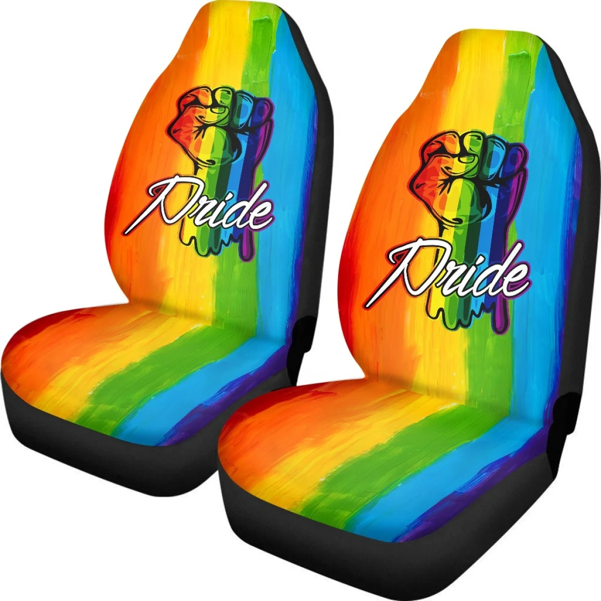 Beautiful Rainbow Fist Pattern Auto Front Back Seat Cover Set Interesting Anti-dirt Durable Stretch Fabrics Interior Accessories