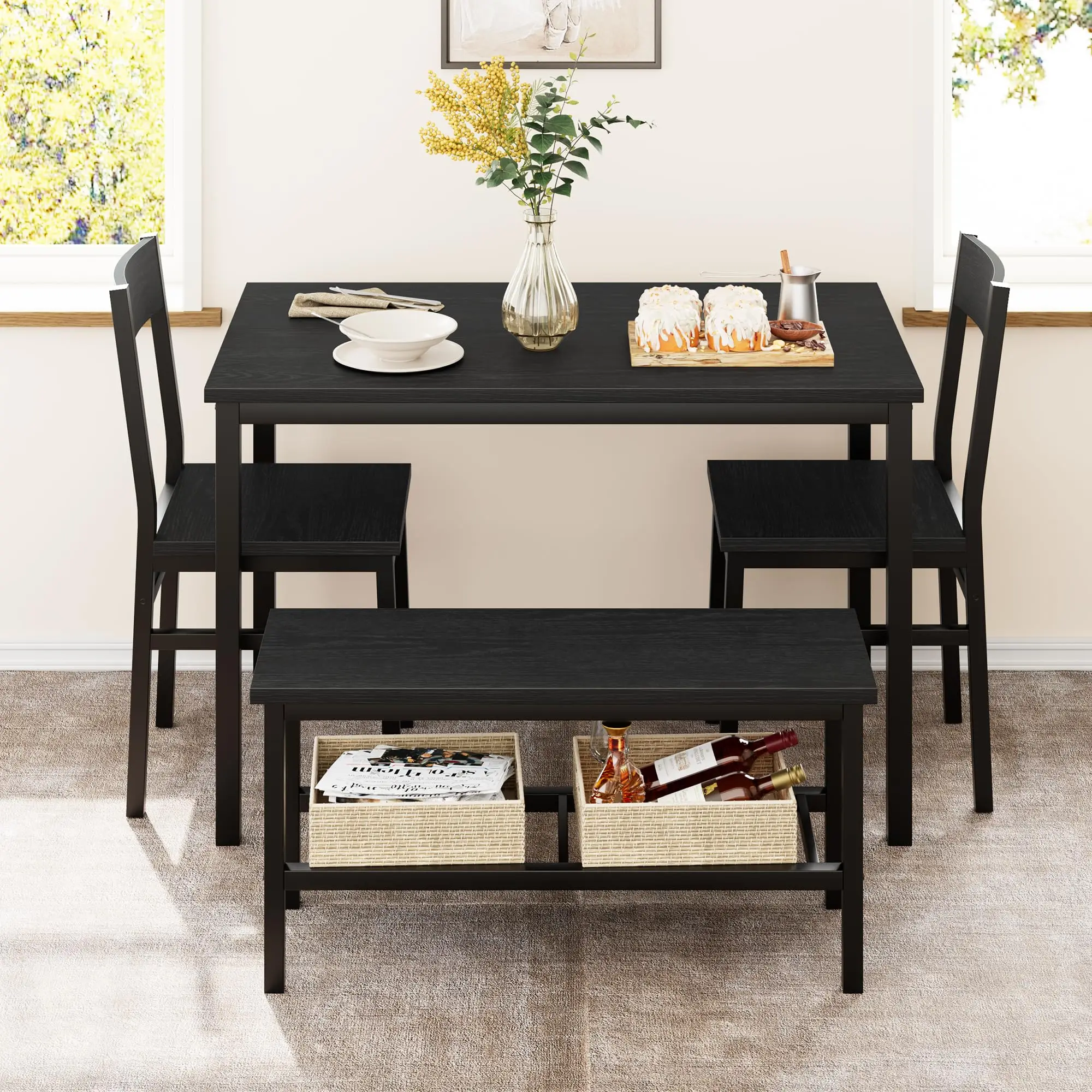 Set da pranzo composto da quattro elementi, salvaspazio: tavolo da cucina moderno e sedie con panca, struttura in metallo e ripiano portaoggetti: un set da pranzo compatto ideale per piccoli