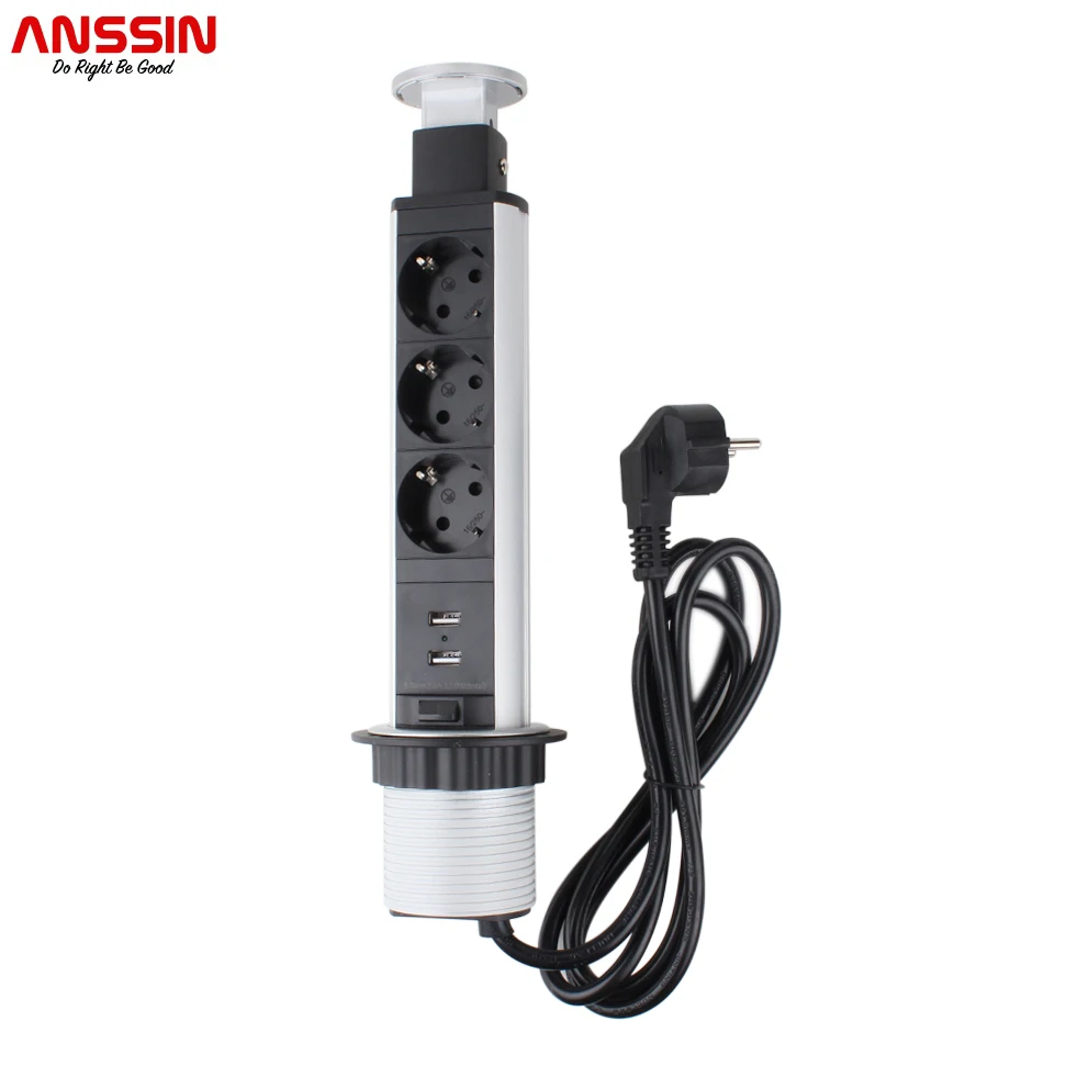 Anssin-Retractable Power Socket For Countertop, 220V, 16A, 3 Outlets, 2 USB, 1.8M Extension, EU Plug